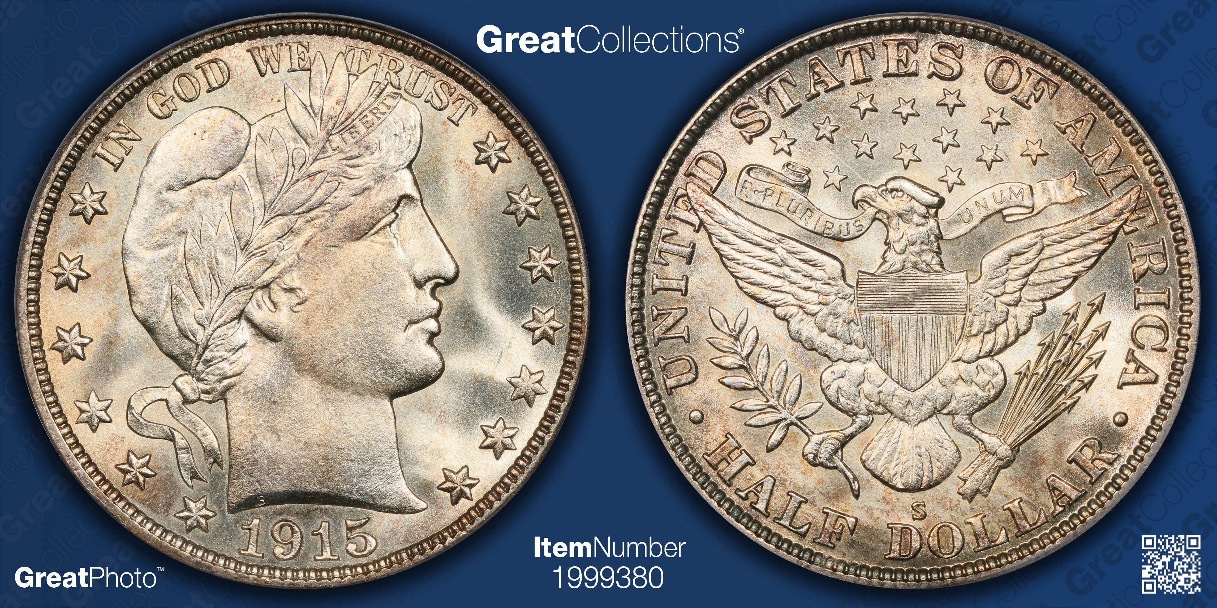 1915-S Barber Half Dollar PCGS MS-65 (CAC Green) OGH (Toned) (Item