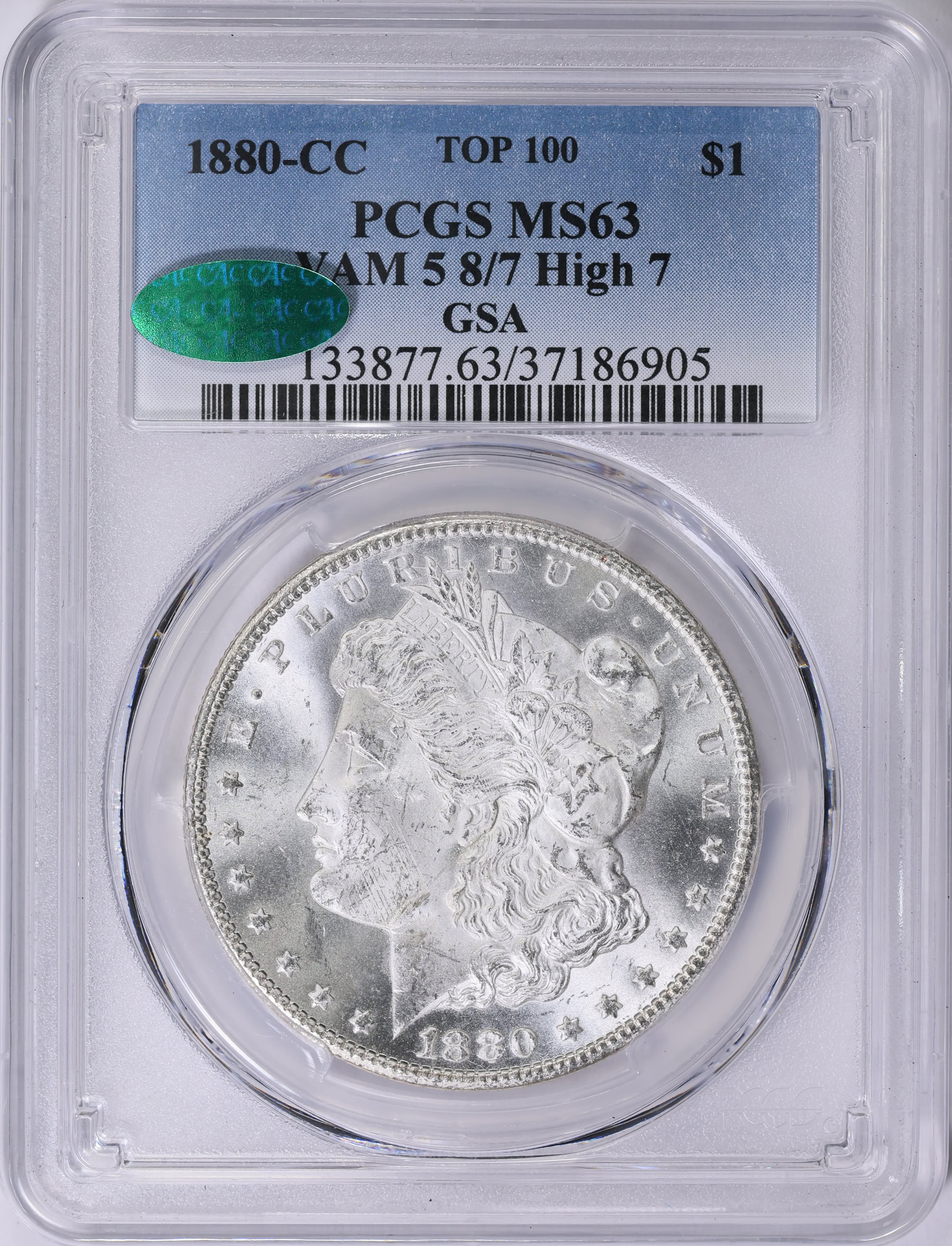 1880-CC Morgan Silver Dollar 8/7 High 7 VAM-5 Top 100 PCGS MS-63