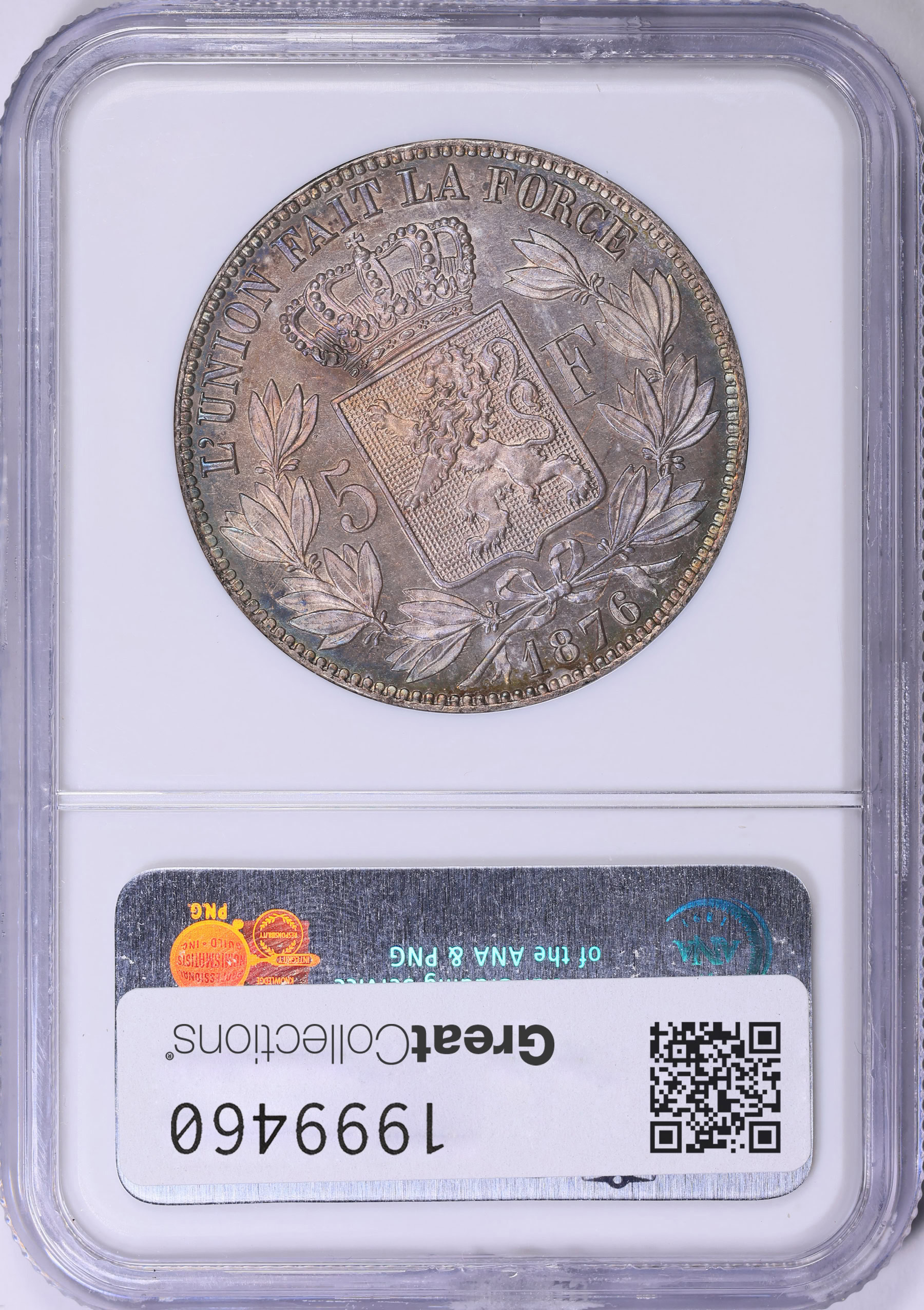 Belgium 1876 Silver 5 Francs KM-24 NGC MS-64 (Toned) (Item 1999460
