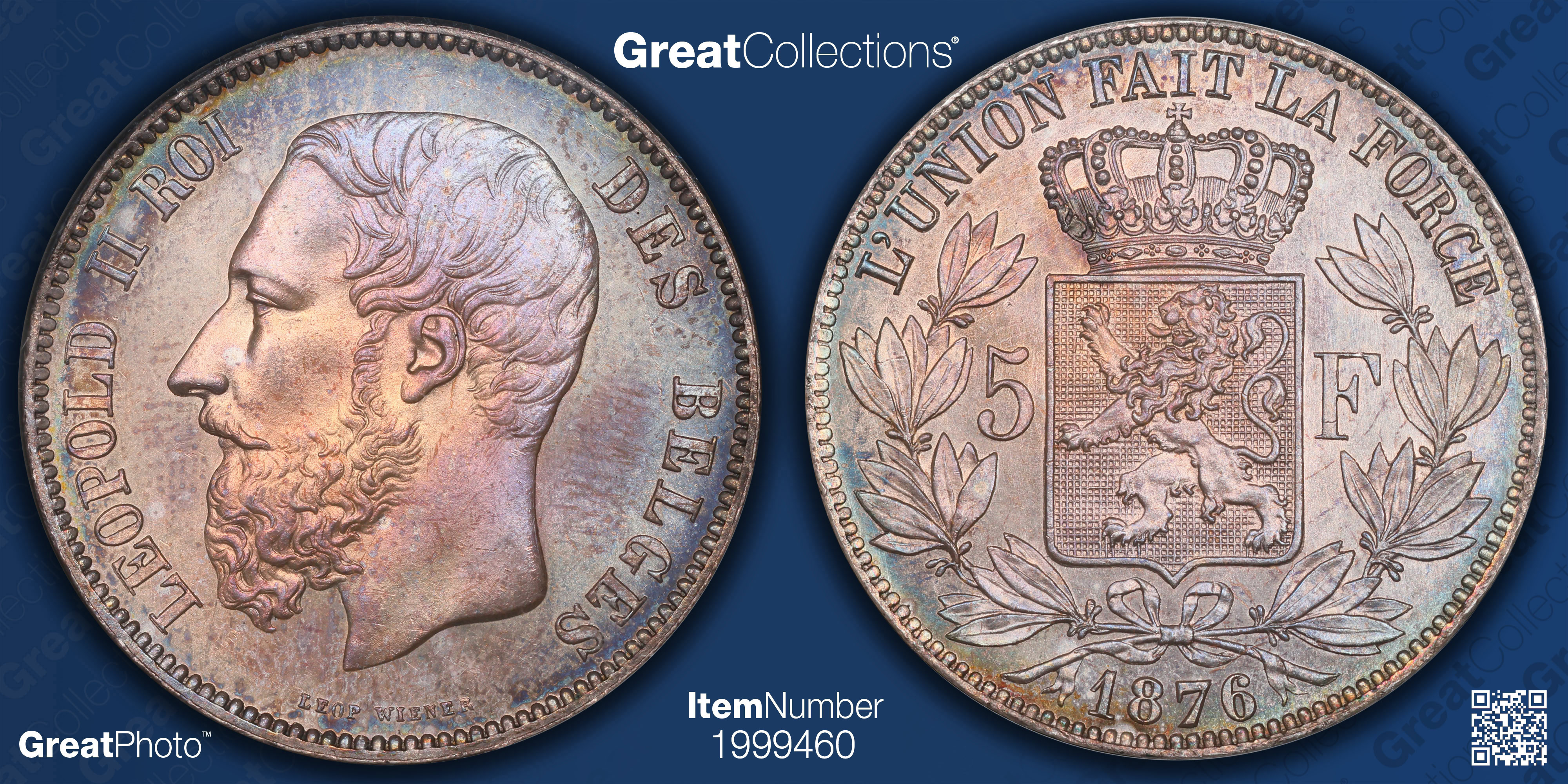 Belgium 1876 Silver 5 Francs KM-24 NGC MS-64 (Toned) (Item 1999460