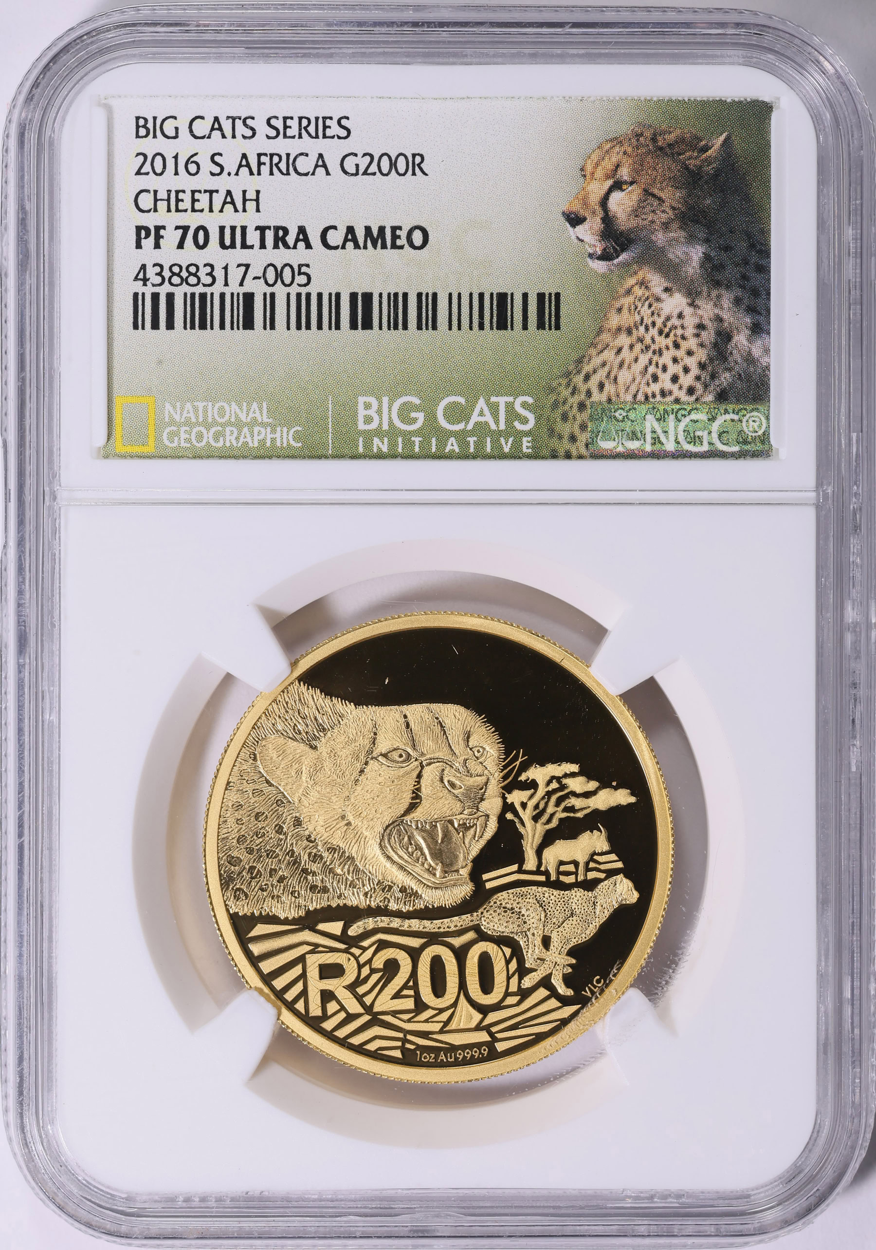 South Africa 2016 Gold 200 Rand Big Cats Series, Cheetah NGC Proof-70 ...