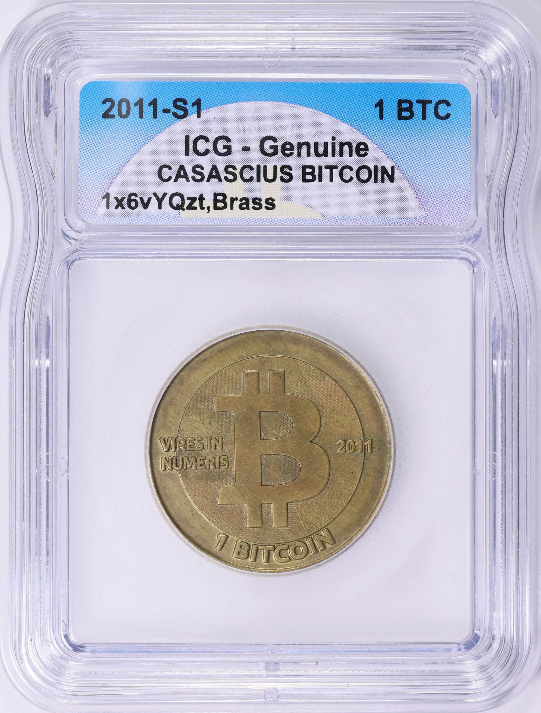 2011 1 BTC Casascius Bitcoin Series One CASACIUS Error Coin 1x6vYQzt Brass  ICG Genuine (Item 1999498) | GreatCollections Coin Auctions
