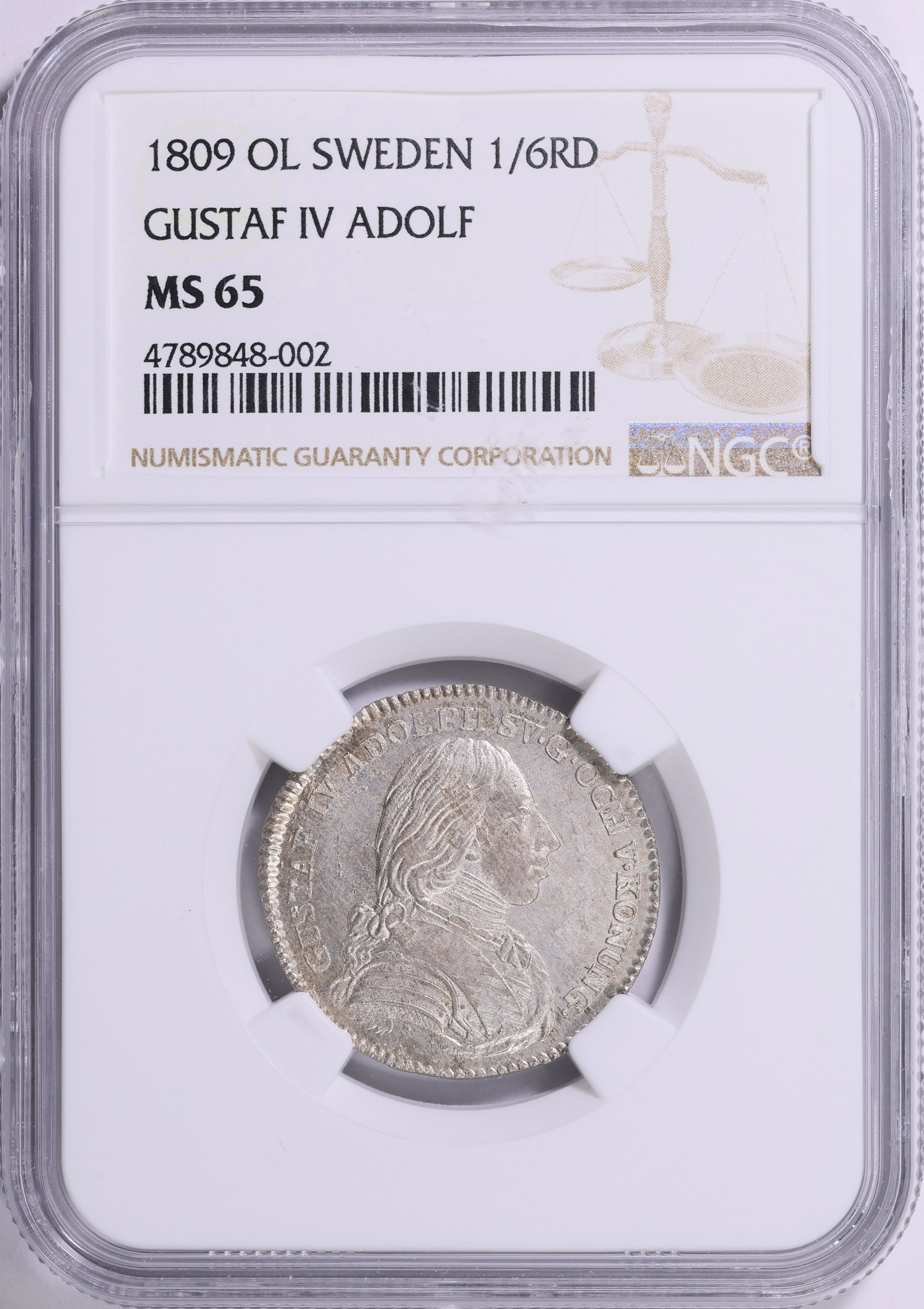 Sweden 1809-OL Silver 1/6 Riksdaler Gustaf IV KM-560 NGC MS-65