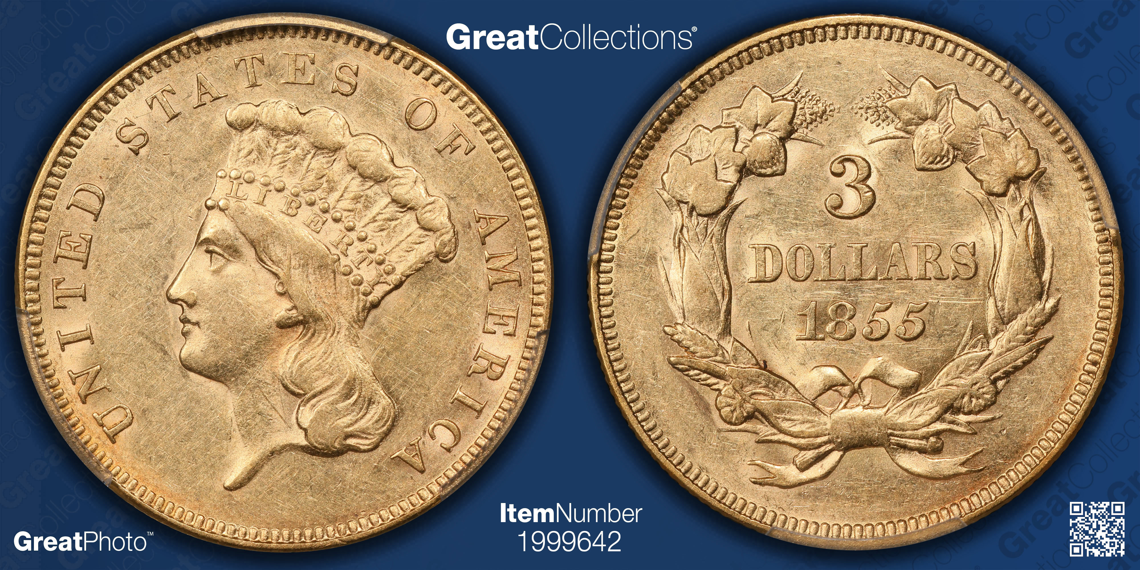 1855 Three-Dollar Gold Piece PCGS AU-55 (Item 1999642