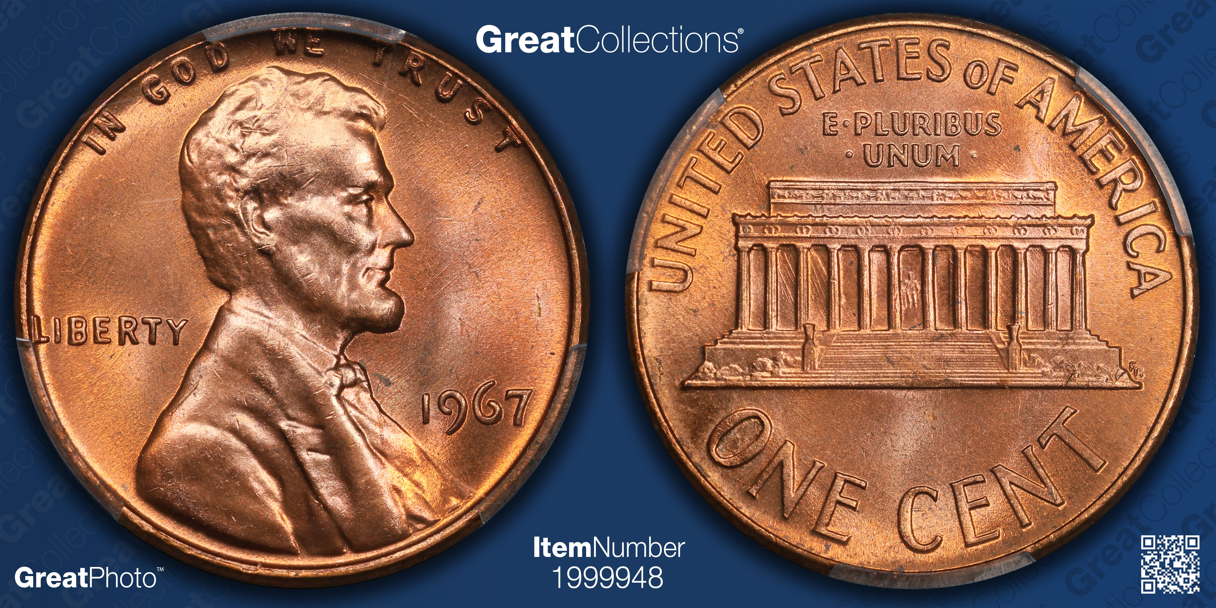 1967 Lincoln Cent PCGS MS-67 RD (Item 1999948) | GreatCollections