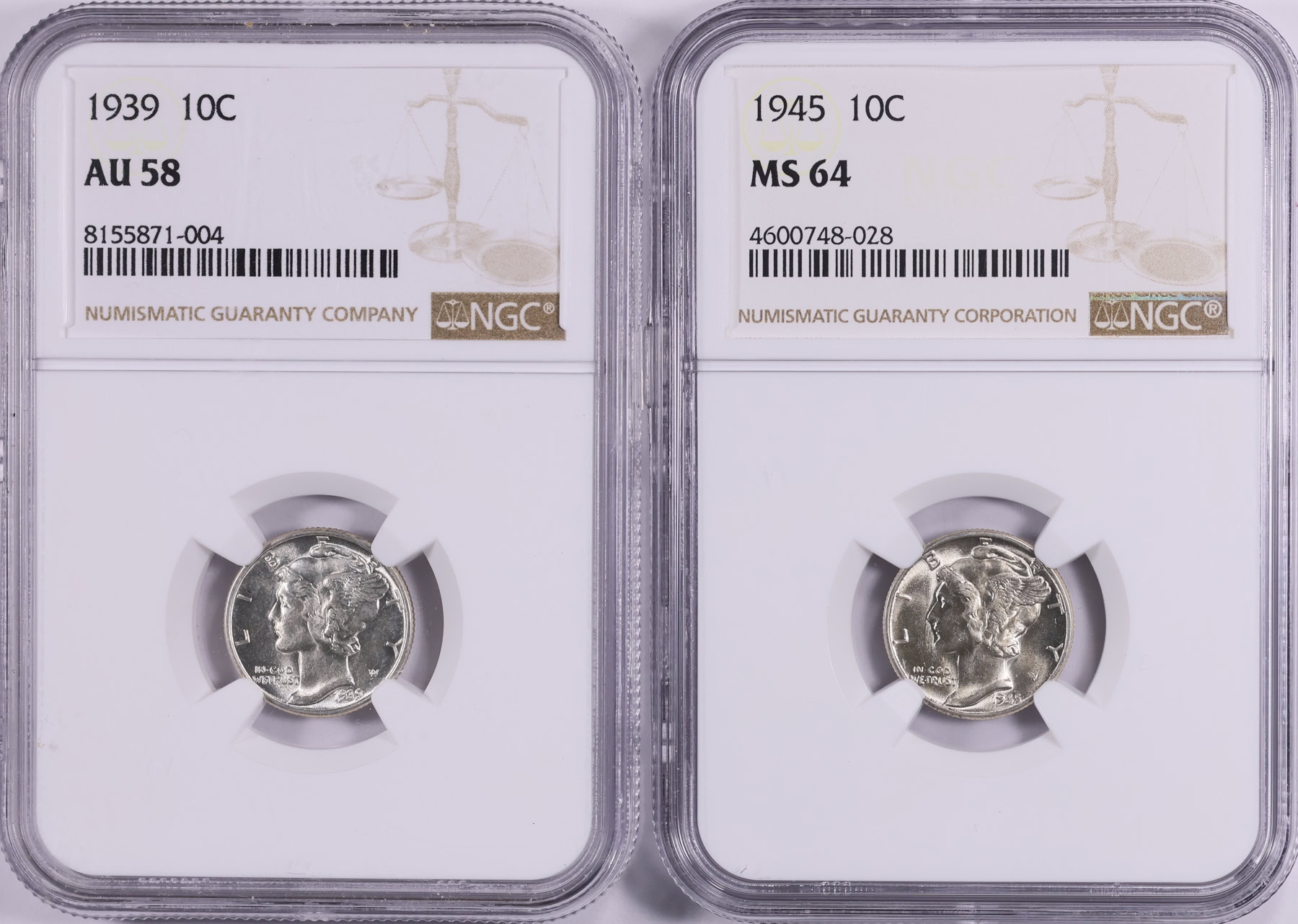 1939 and 1945 Mercury Dime NGC AU-58/MS-64 (2 Coins) (Item 2000965