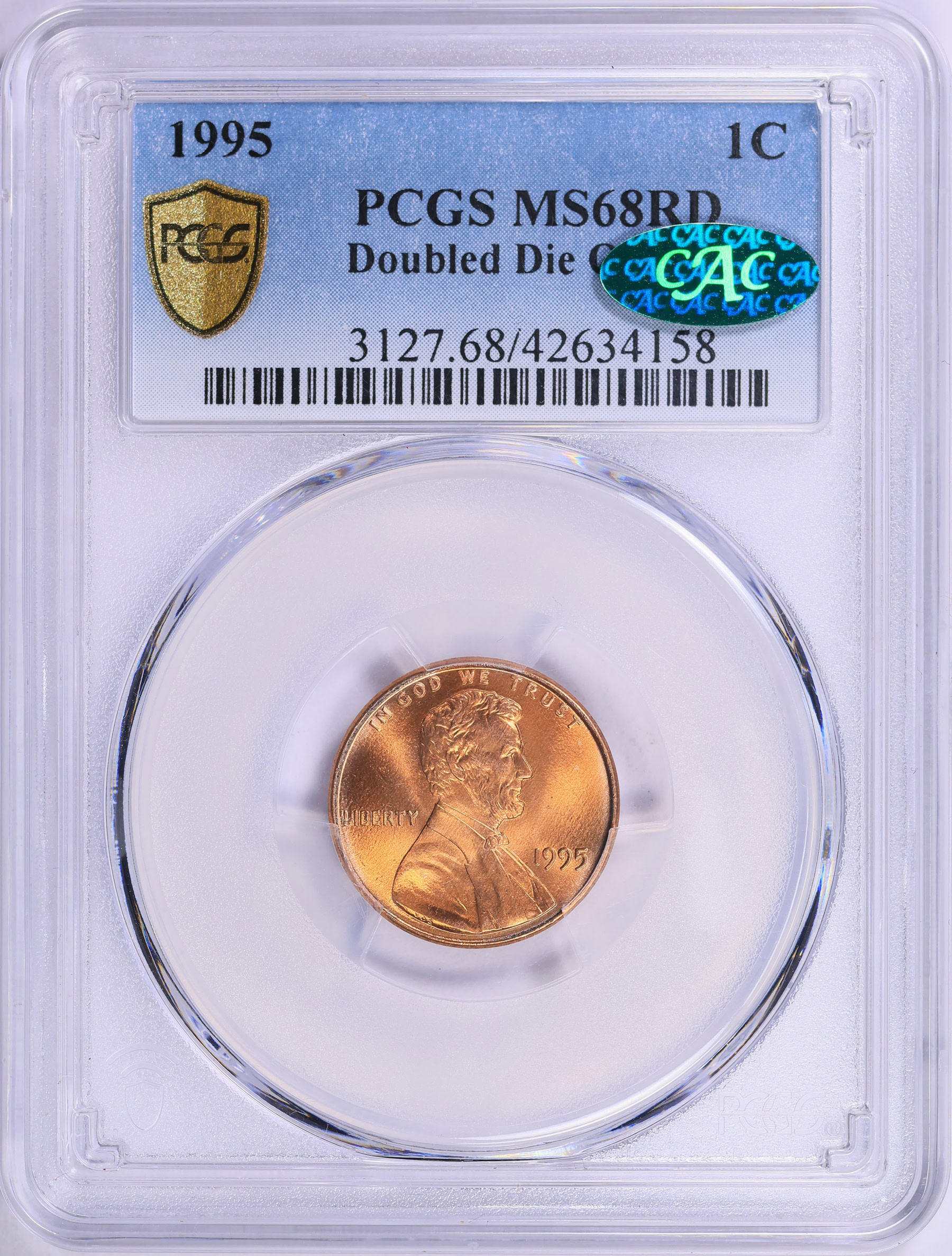 1995 Lincoln Cent Doubled Die Obverse PCGS MS-68 RD (CAC Green
