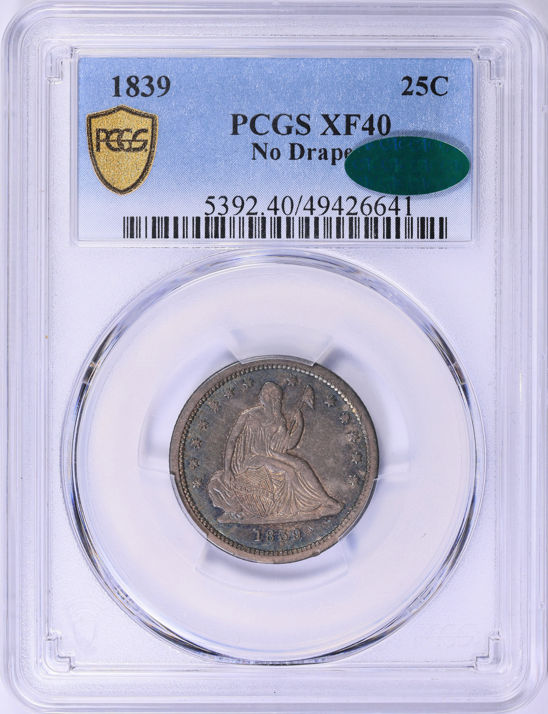 1839 Seated Liberty Quarter No Drapery PCGS XF-40 (CAC Green