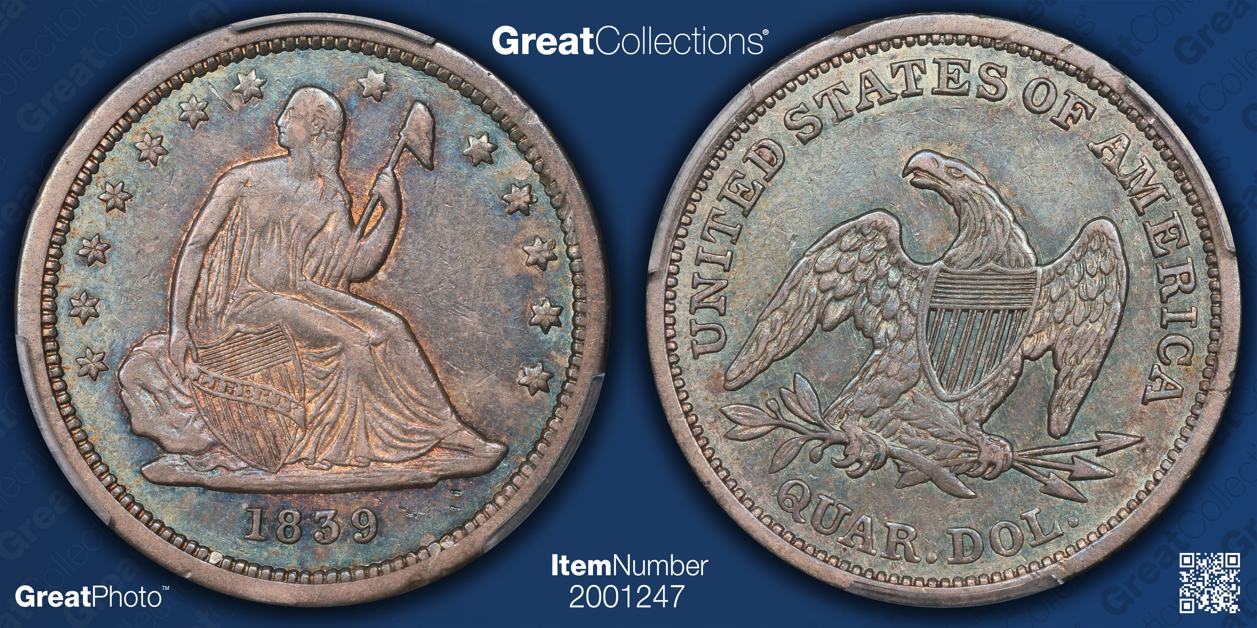 1839 Seated Liberty Quarter No Drapery PCGS XF-40 (CAC Green
