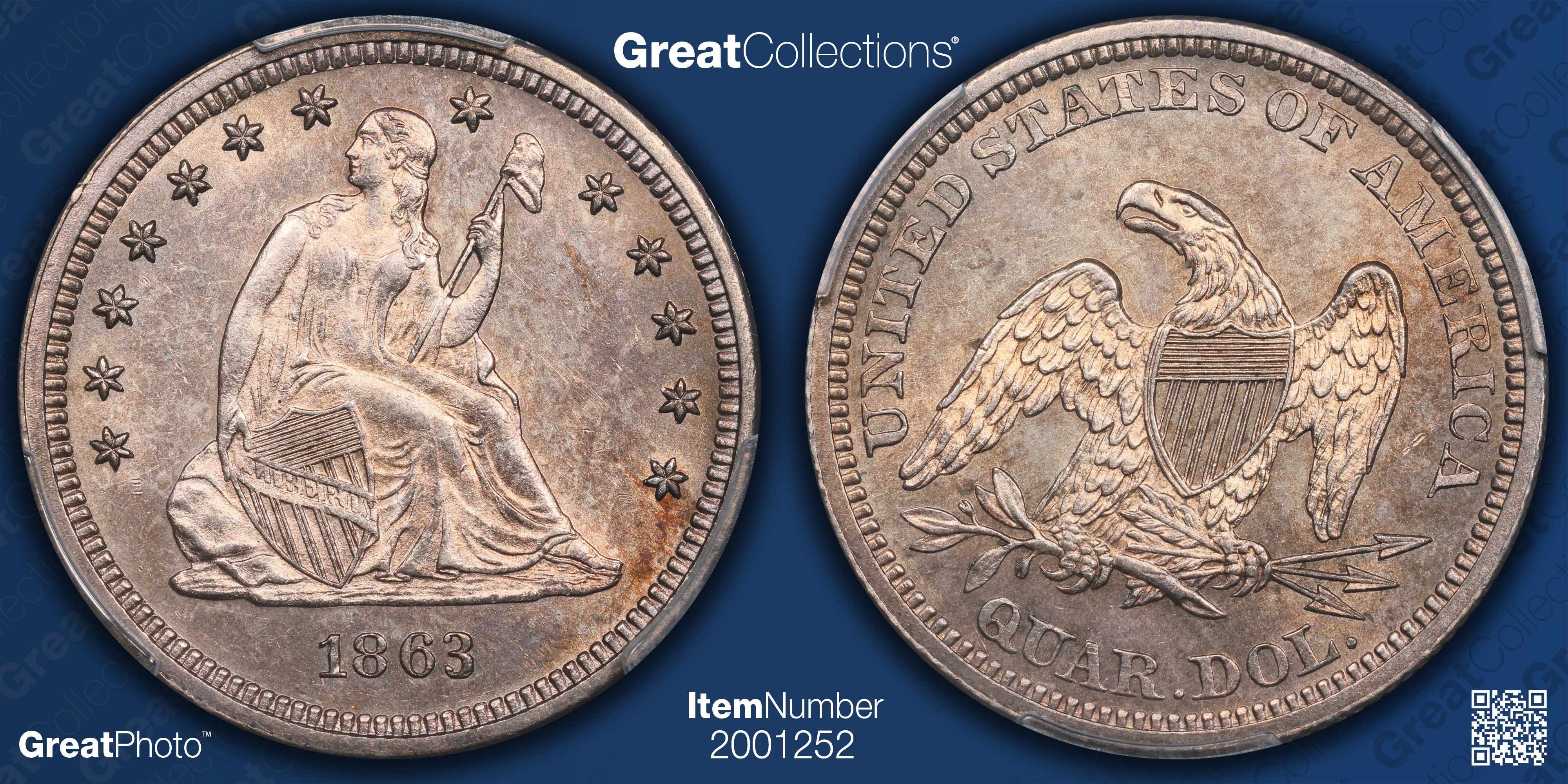 1863 Seated Liberty Quarter PCGS MS-62 (Toned) (Item 2001252