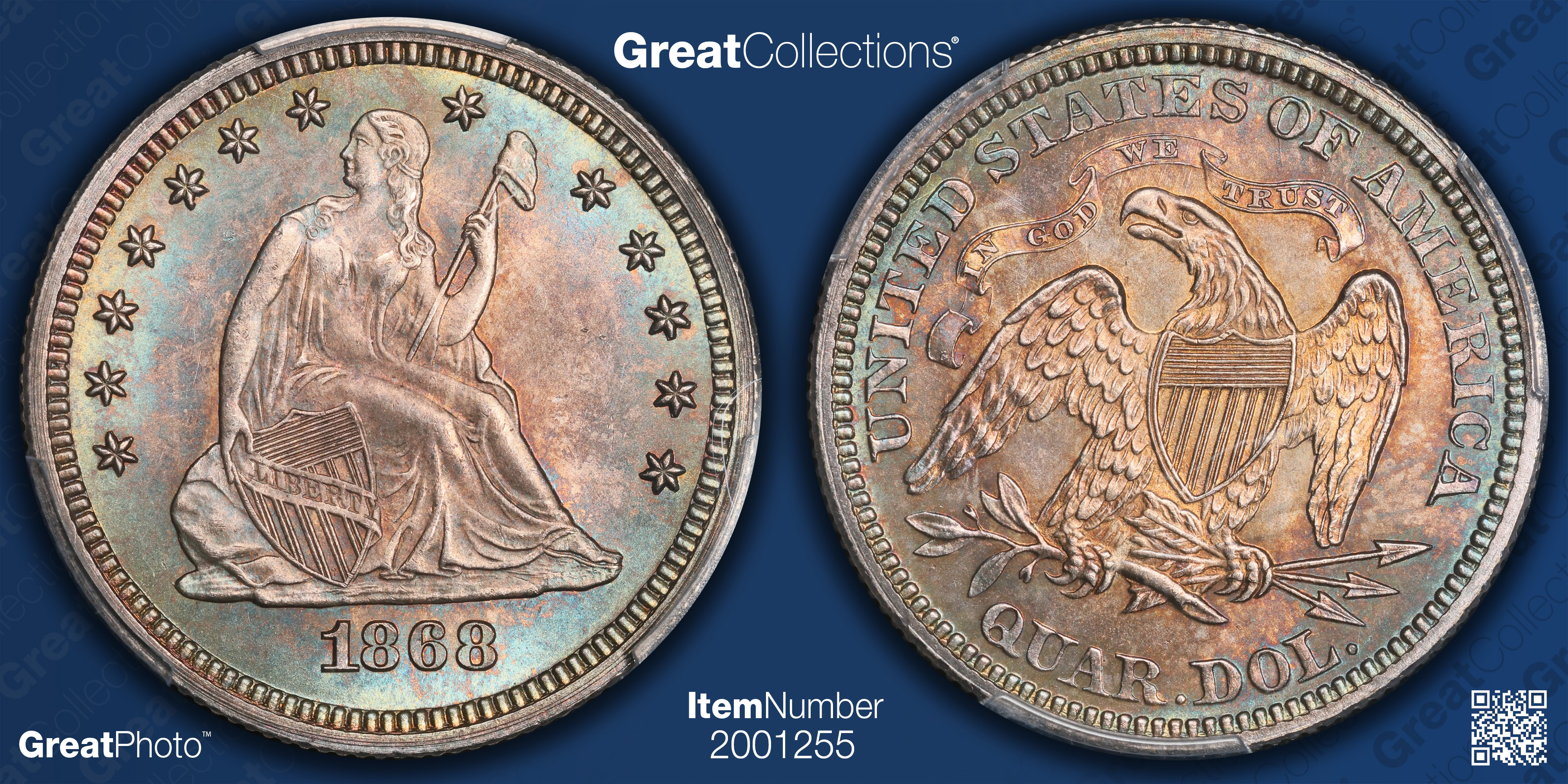 1868 Seated Liberty Quarter PCGS MS-65 (Toned) (Item 2001255