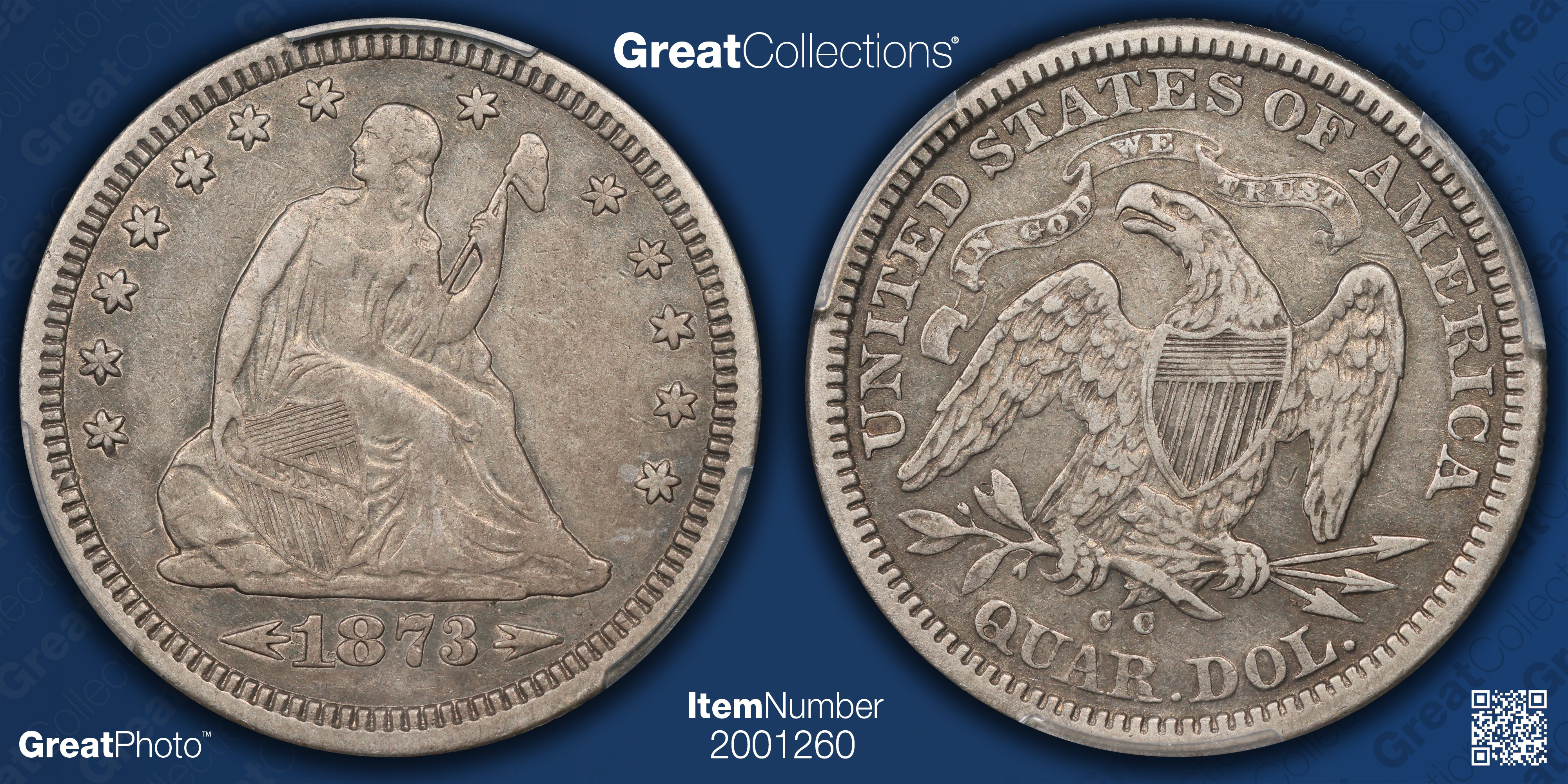 1873-CC Seated Liberty Quarter Arrows PCGS VF-35 (Item 2001260