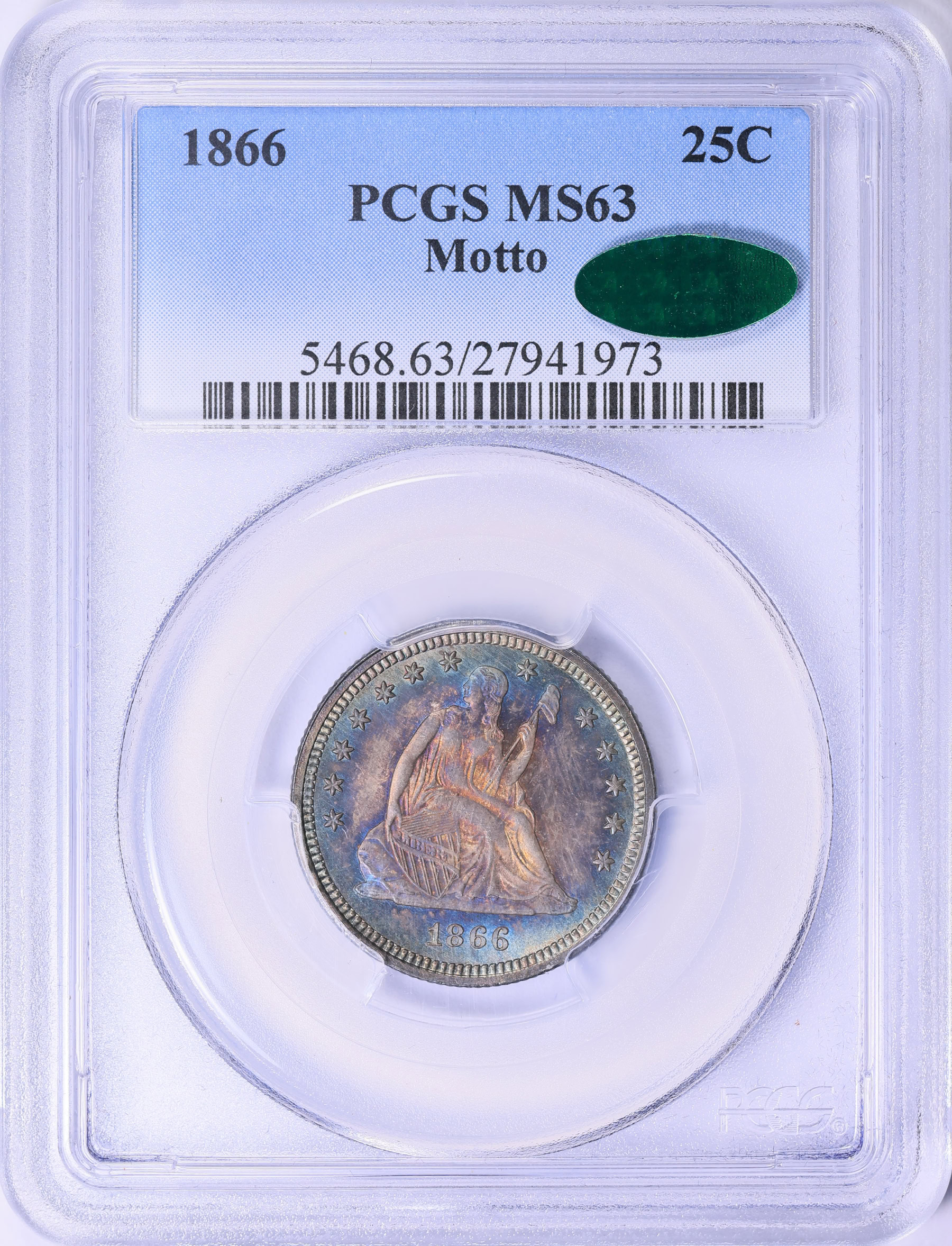 1866 Seated Liberty Quarter Motto PCGS MS-63 (CAC Green) (Toned