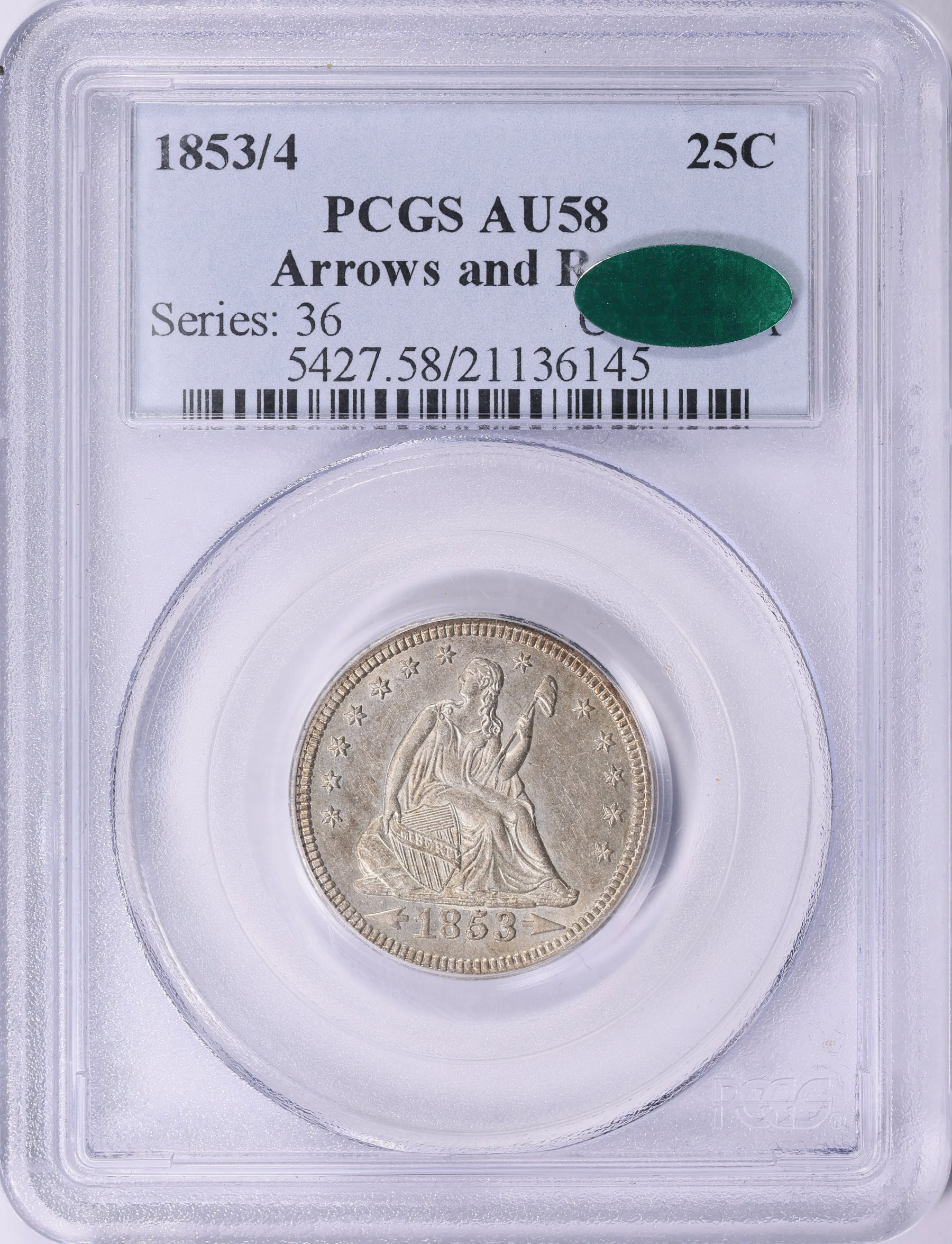 1853/4 Seated Liberty Quarter Arrows and Rays FS-301 PCGS AU-58