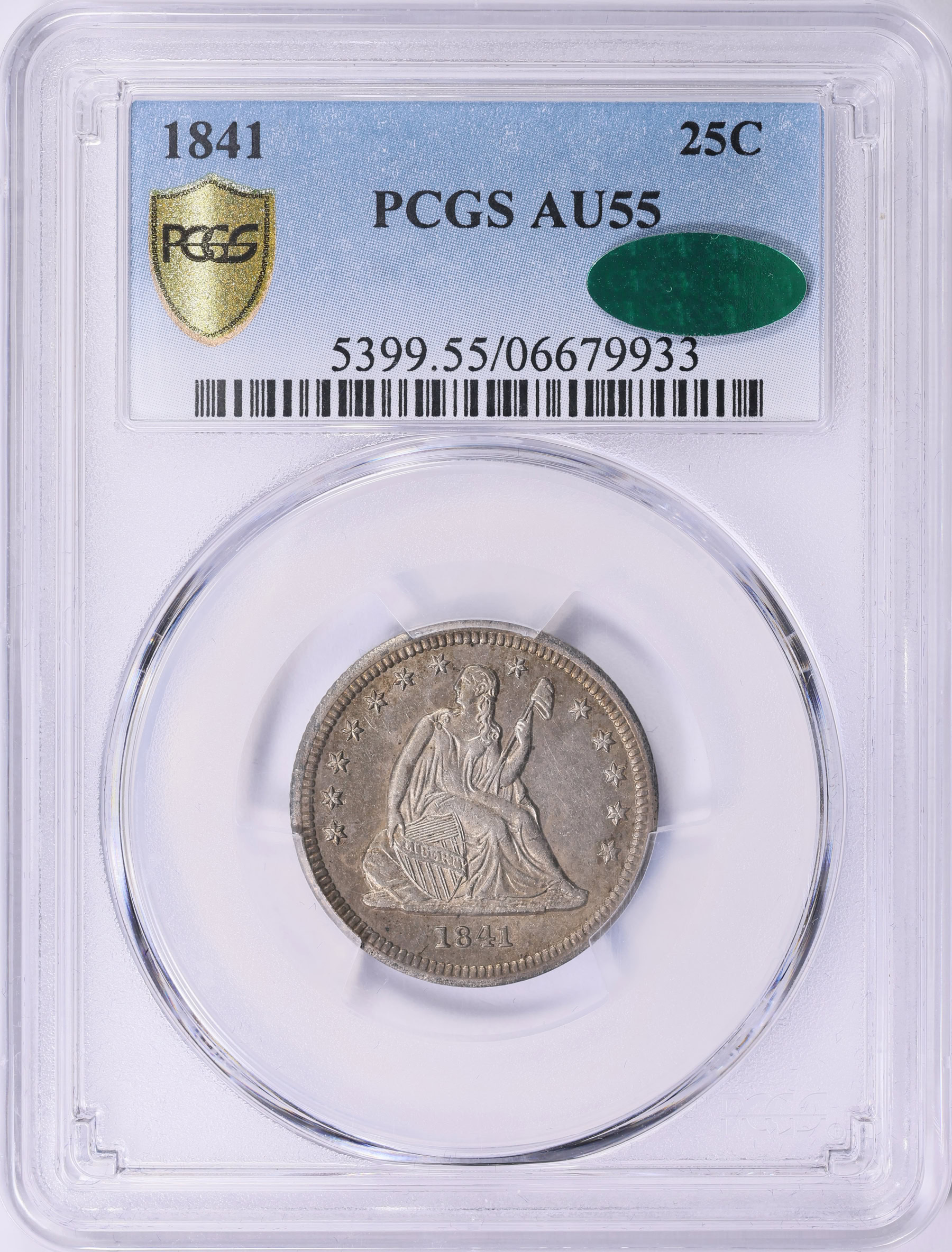 1841 Seated Liberty Quarter PCGS AU-55 (CAC Green) (Item 2001327