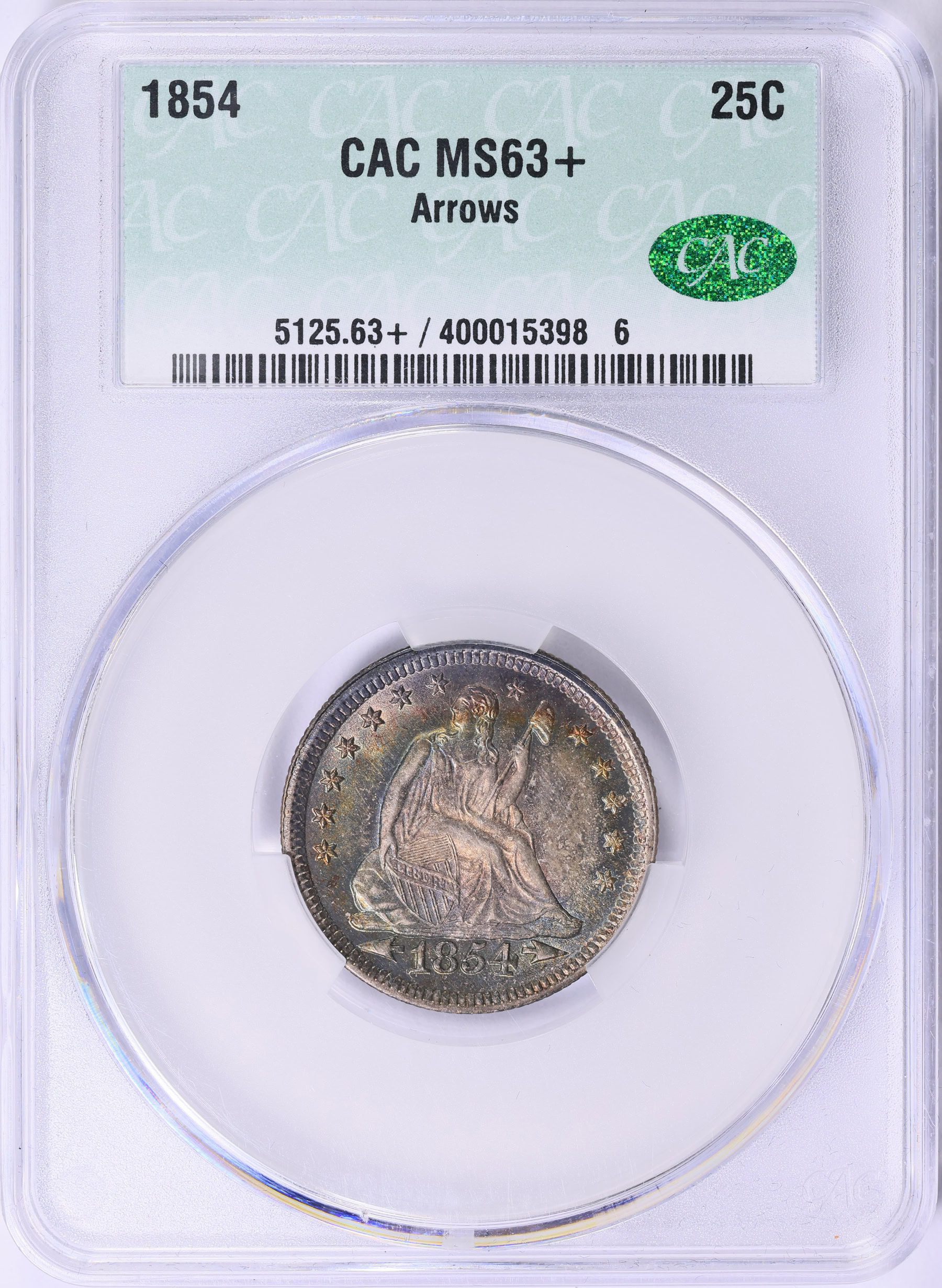 1854 Seated Liberty Quarter Arrows CACG MS-63+ (Toned) (Item