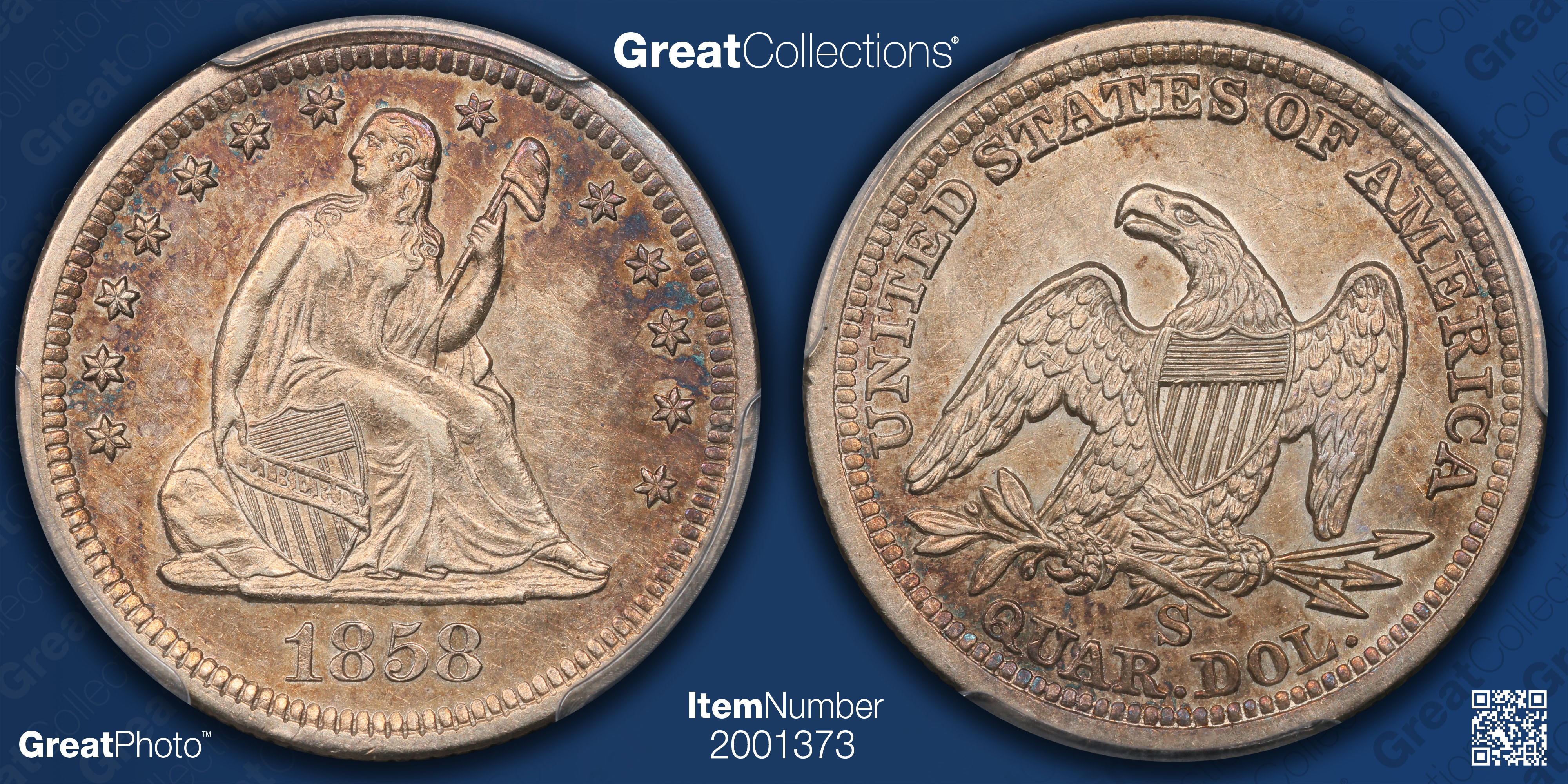 1858-S Seated Liberty Quarter PCGS XF-45 (Toned) (Item 2001373 ...
