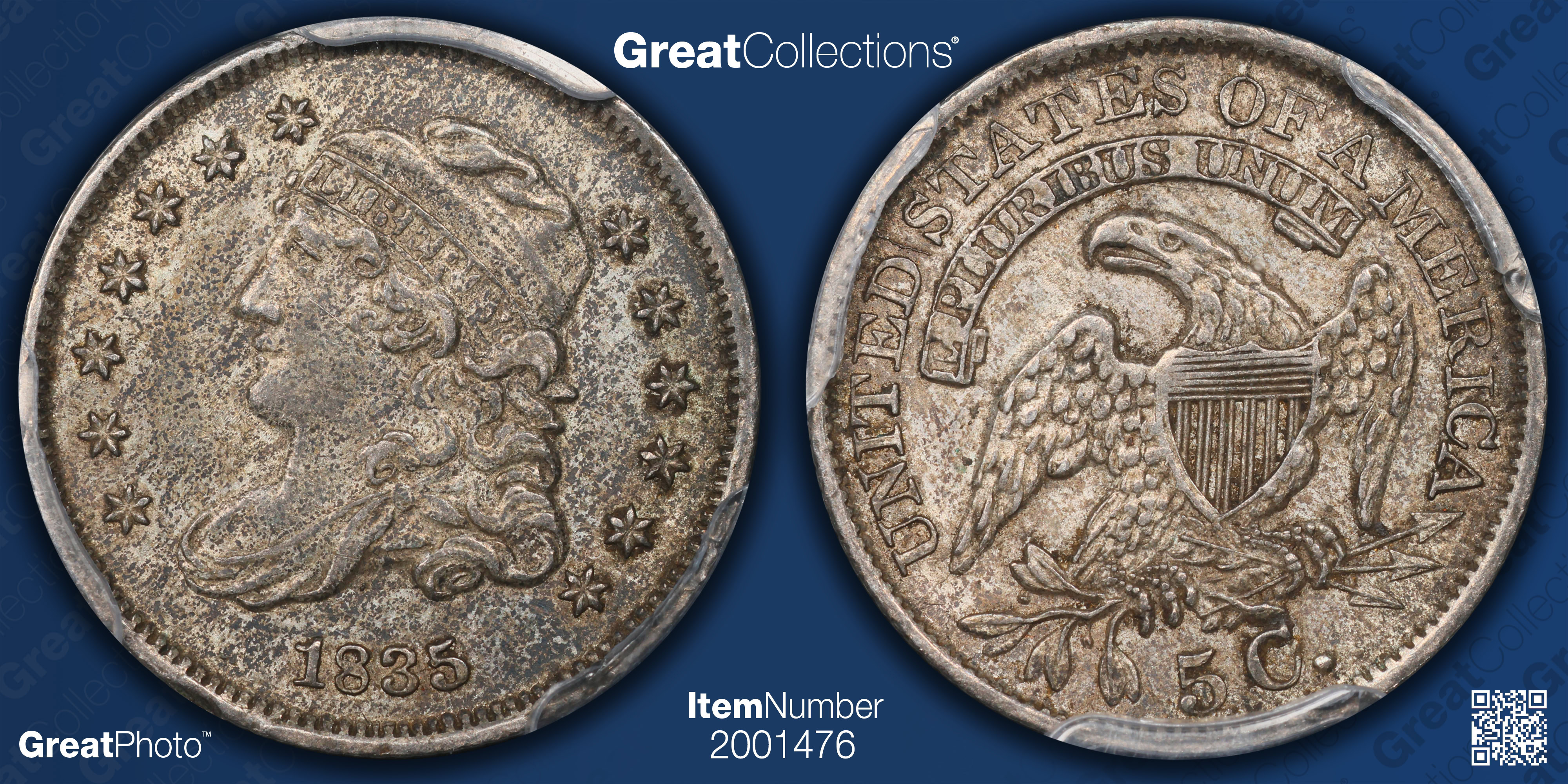 1835 Capped Bust Half Dime Small Date, Large 5C PCGS AU-58 (Item