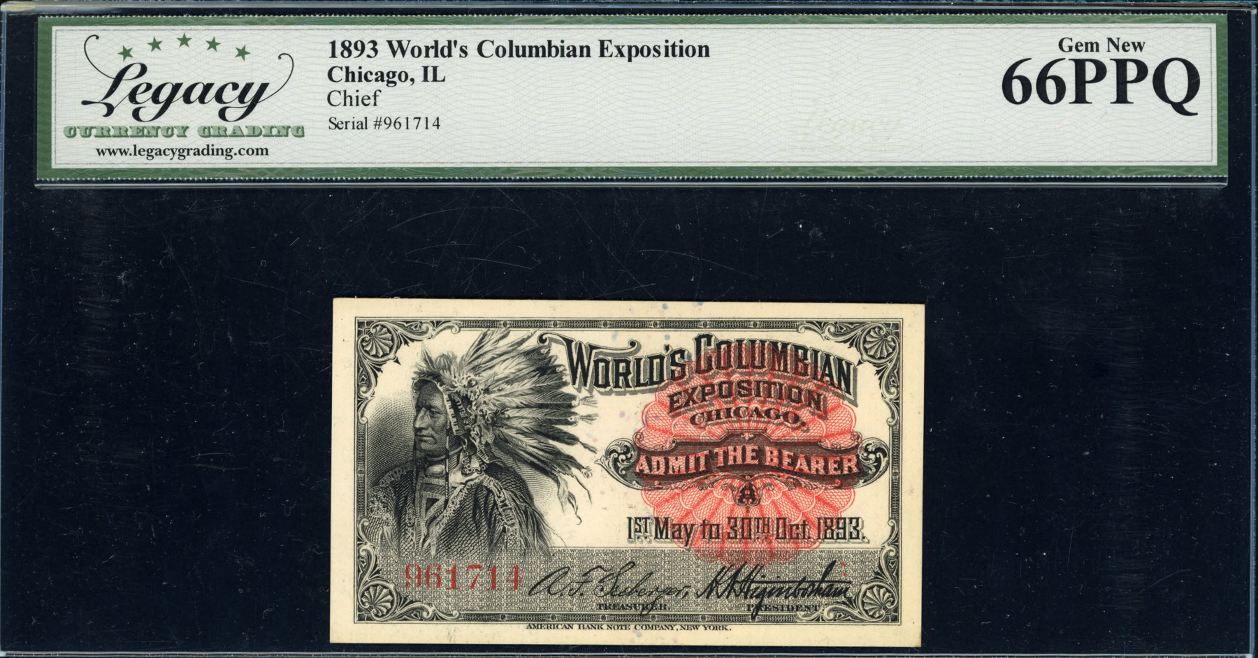 1893 Chicago World's Columbian Exposition Ticket Indian Legacy Gem