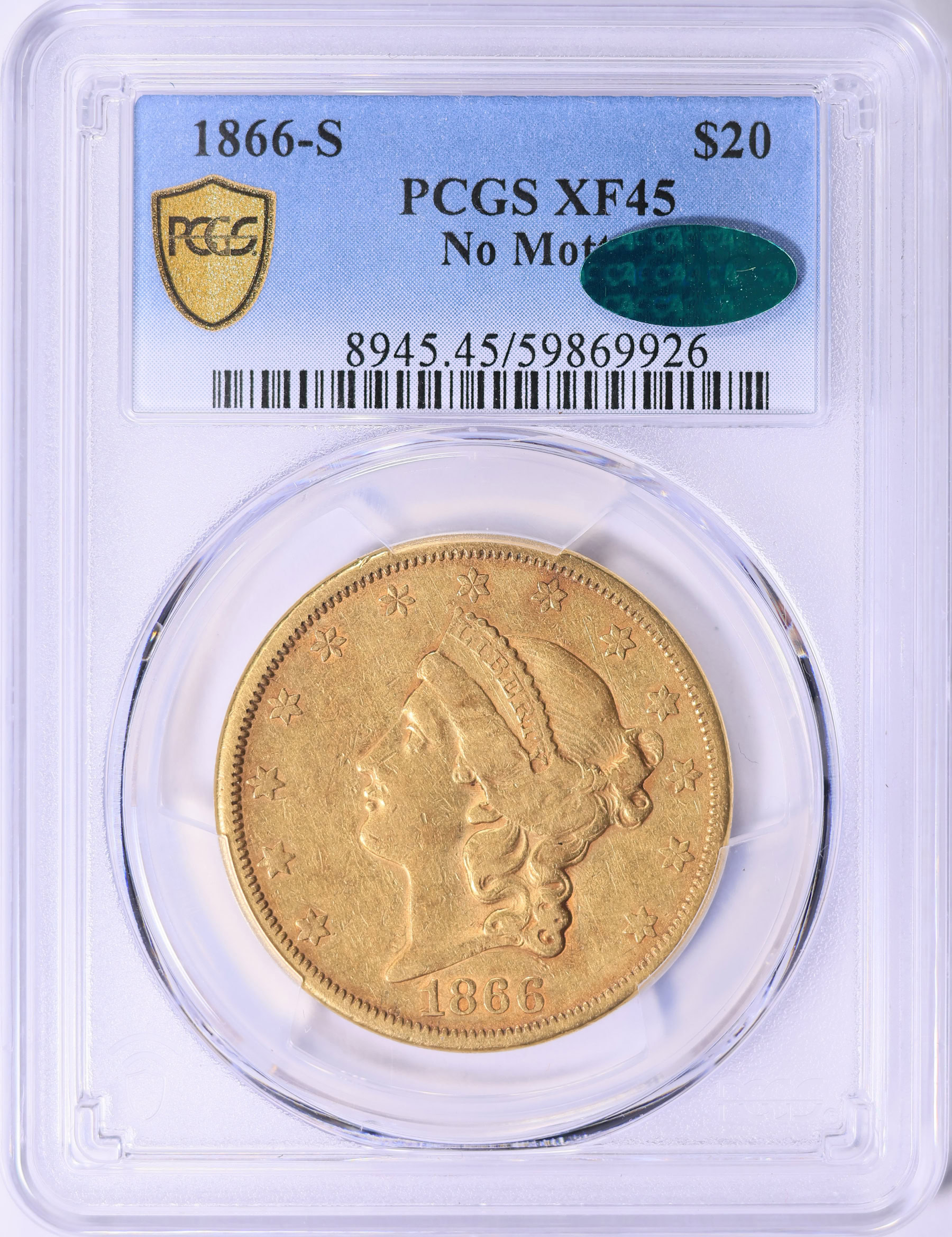 【稀少品】e Pegram And Walter 1866-S Liberty Gold Double Eagle No Motto PCGS XF-45 (CAC Green