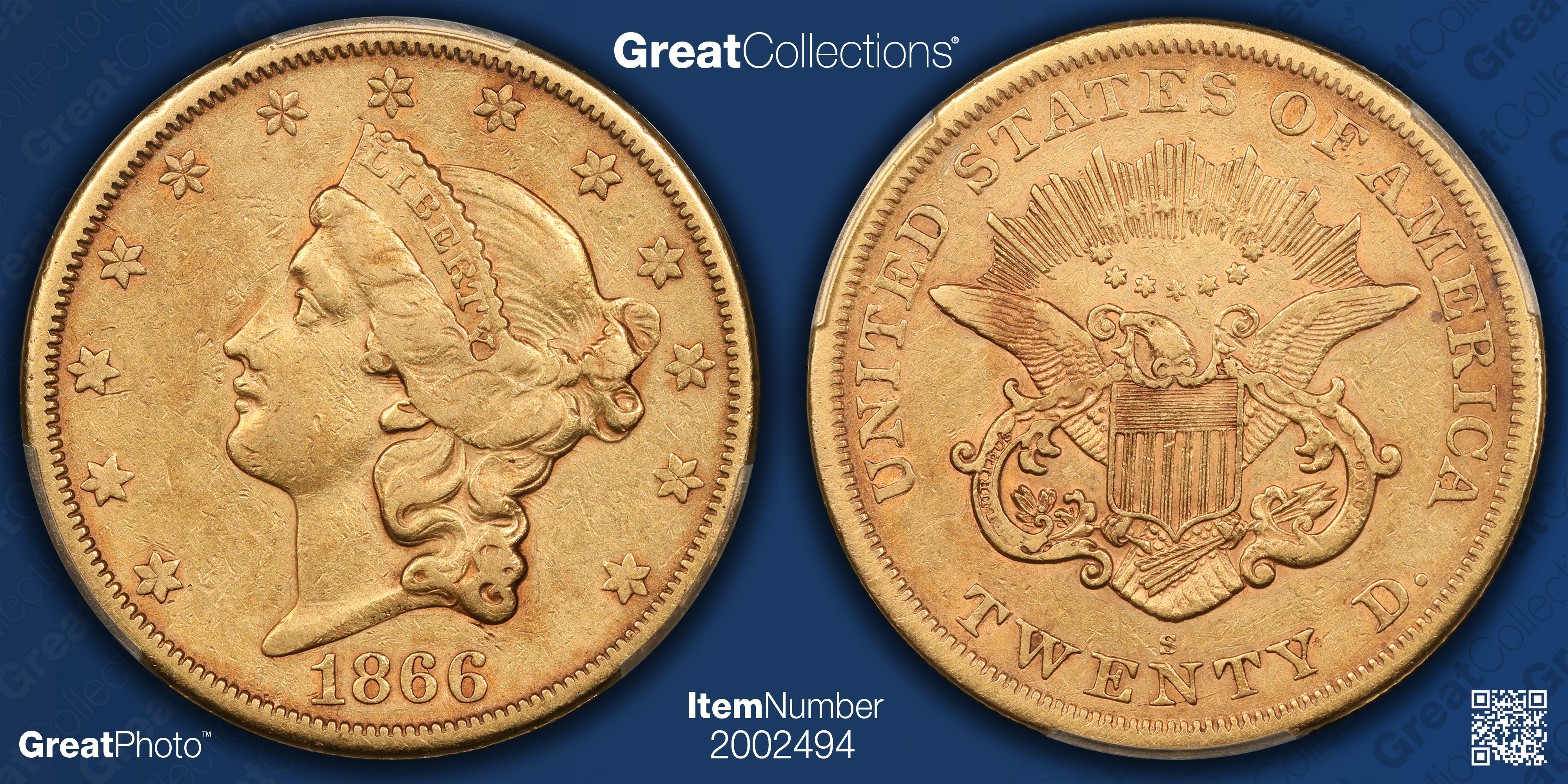 1866-S Liberty Gold Double Eagle No Motto PCGS XF-45 (CAC Green