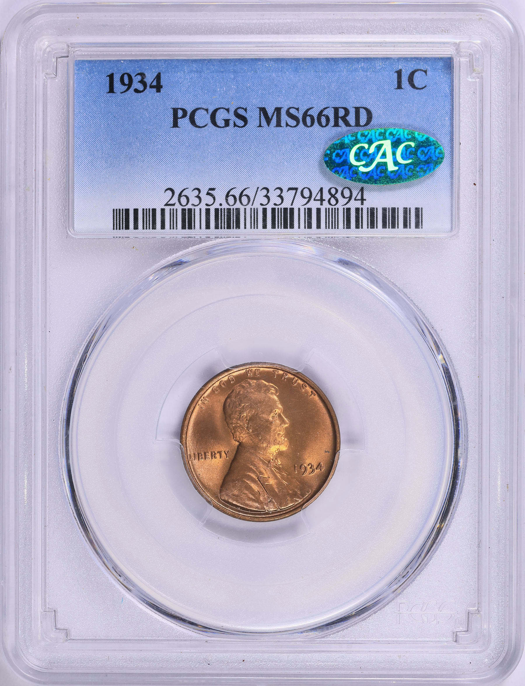 1934 Lincoln Cent PCGS MS-66 RD (CAC Green) (Item 2002540 ...