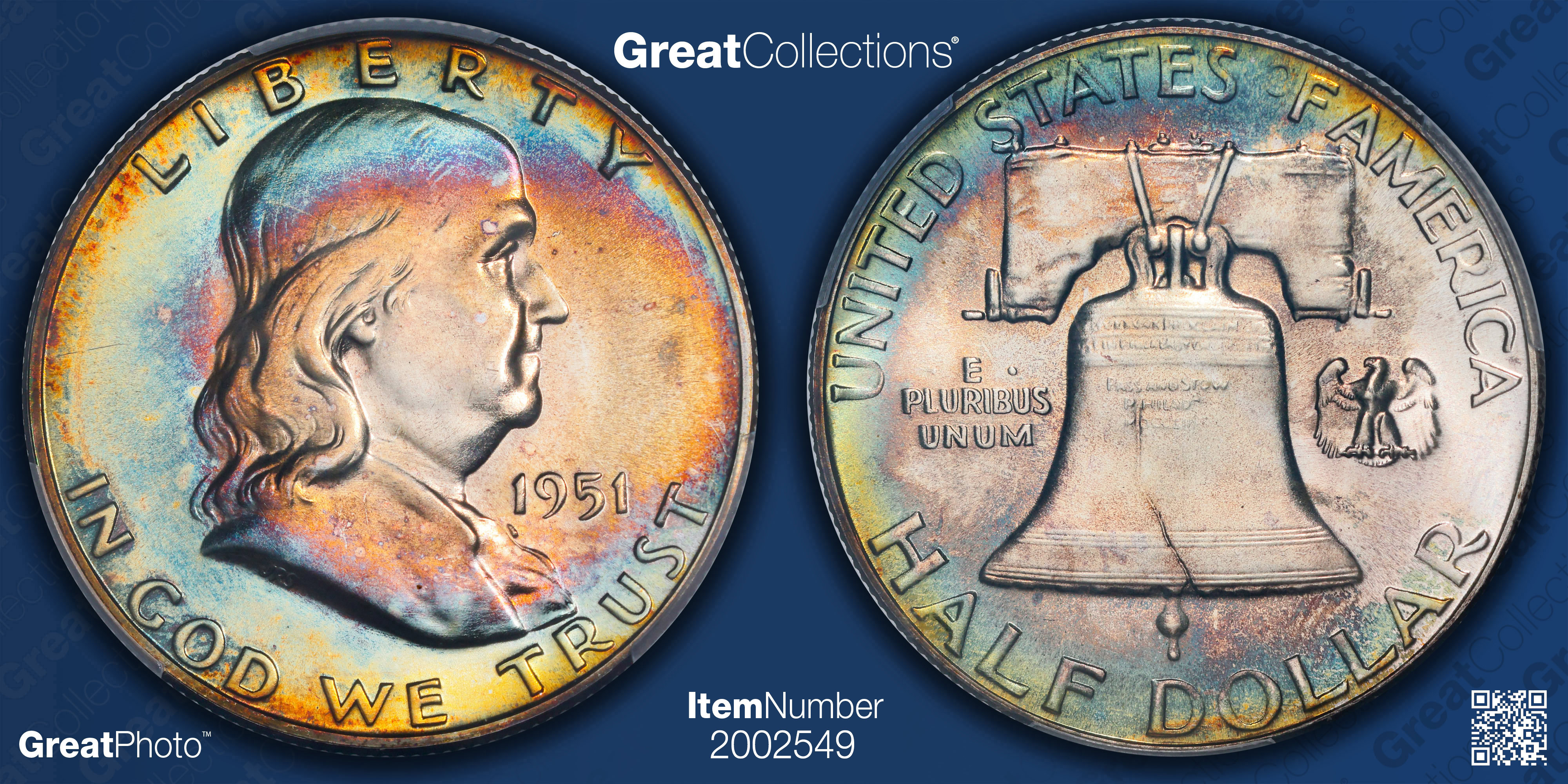 1951 Franklin Half Dollar PCGS Proof-66+ (CAC Green) (Toned) (Item