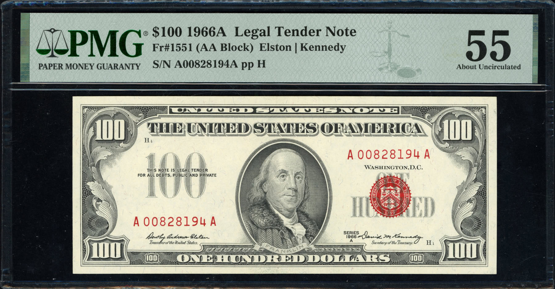 Fr. 1551 (AA Block) 1966A $100 Legal Tender Note Elston / Kennedy PMG ...