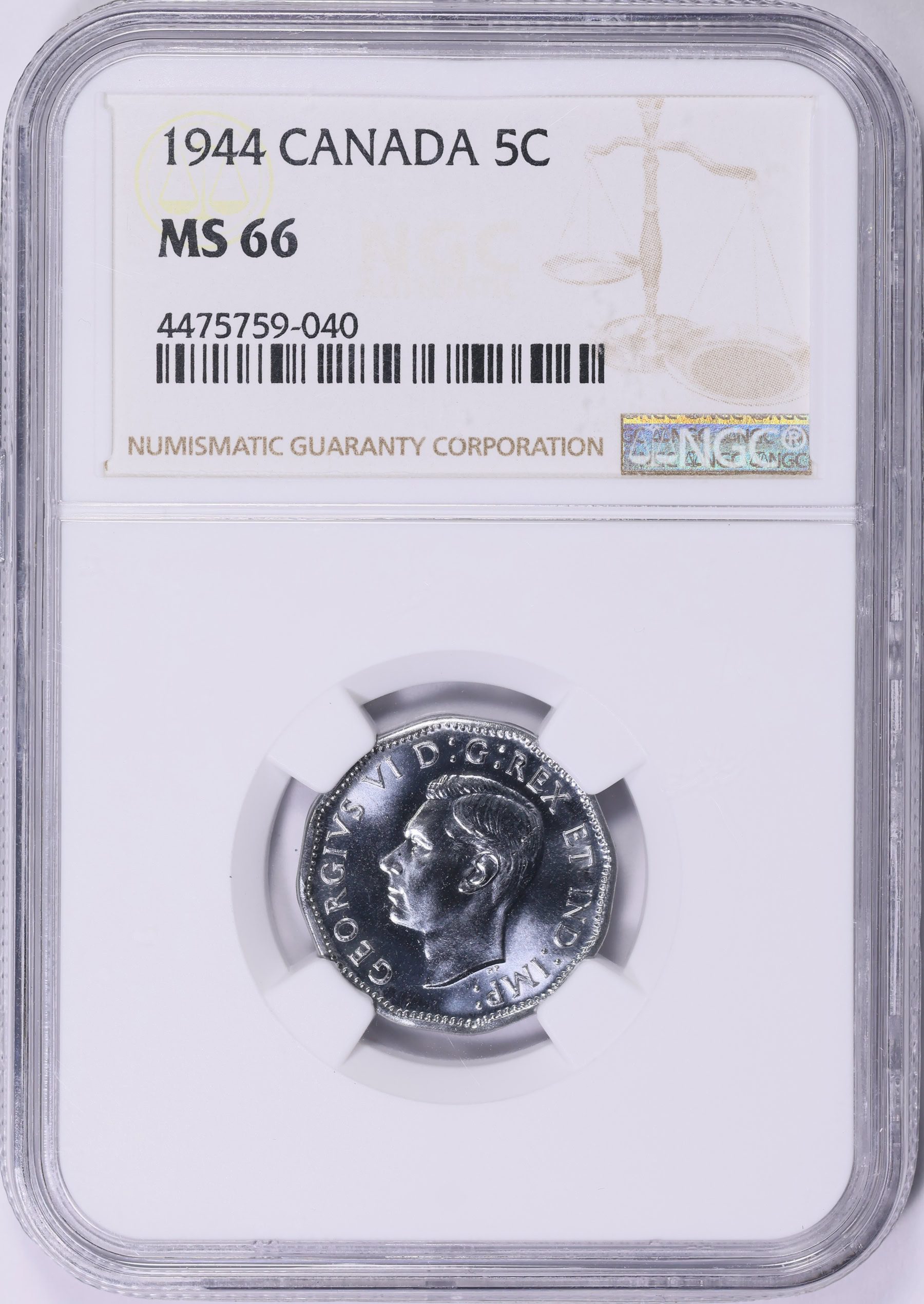 Canada 1944 5 Cents KM-40a NGC MS-66 (Item 2002833
