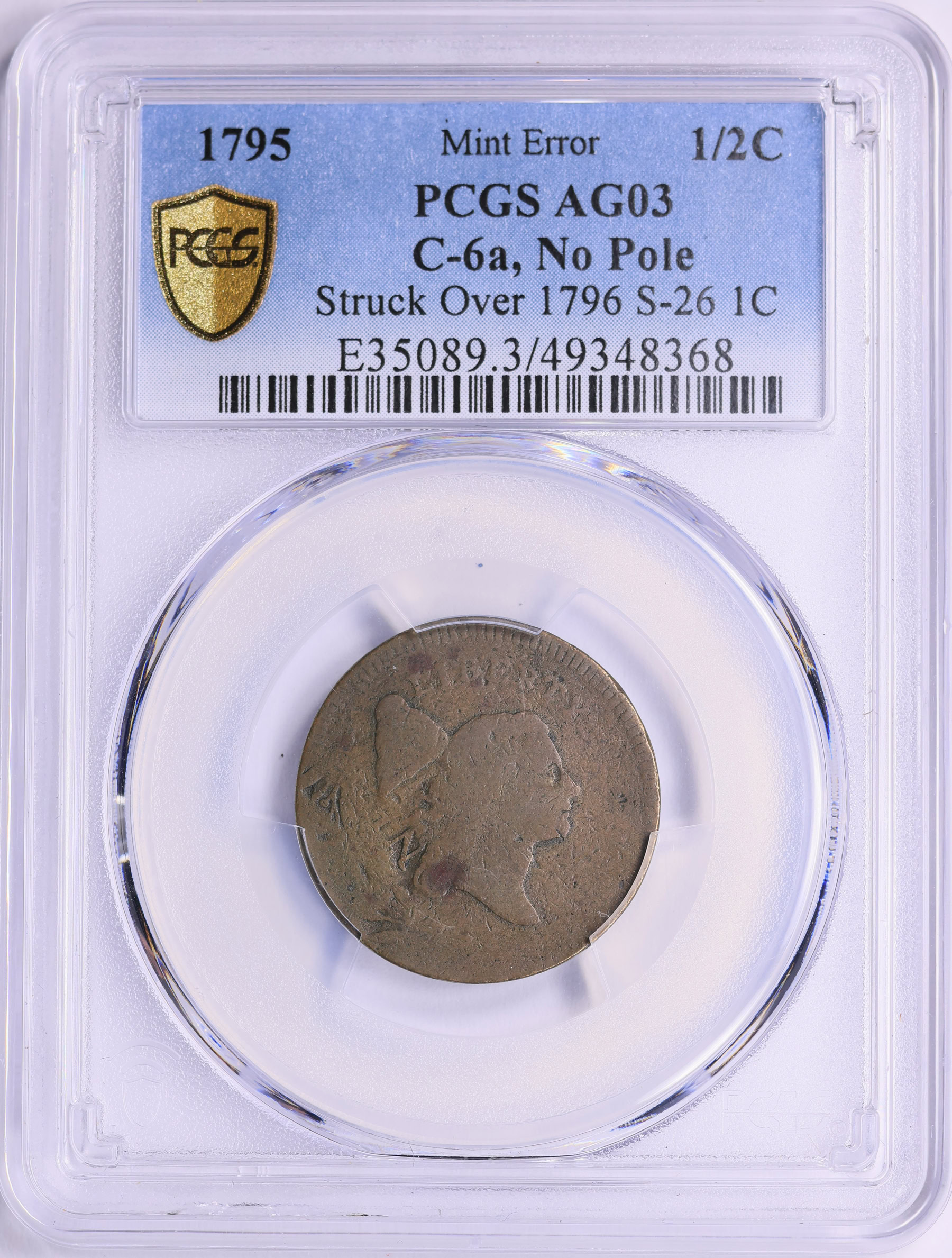 Mint Error 1795 Liberty Cap Half Cent Cohen-6a, No Pole Struck