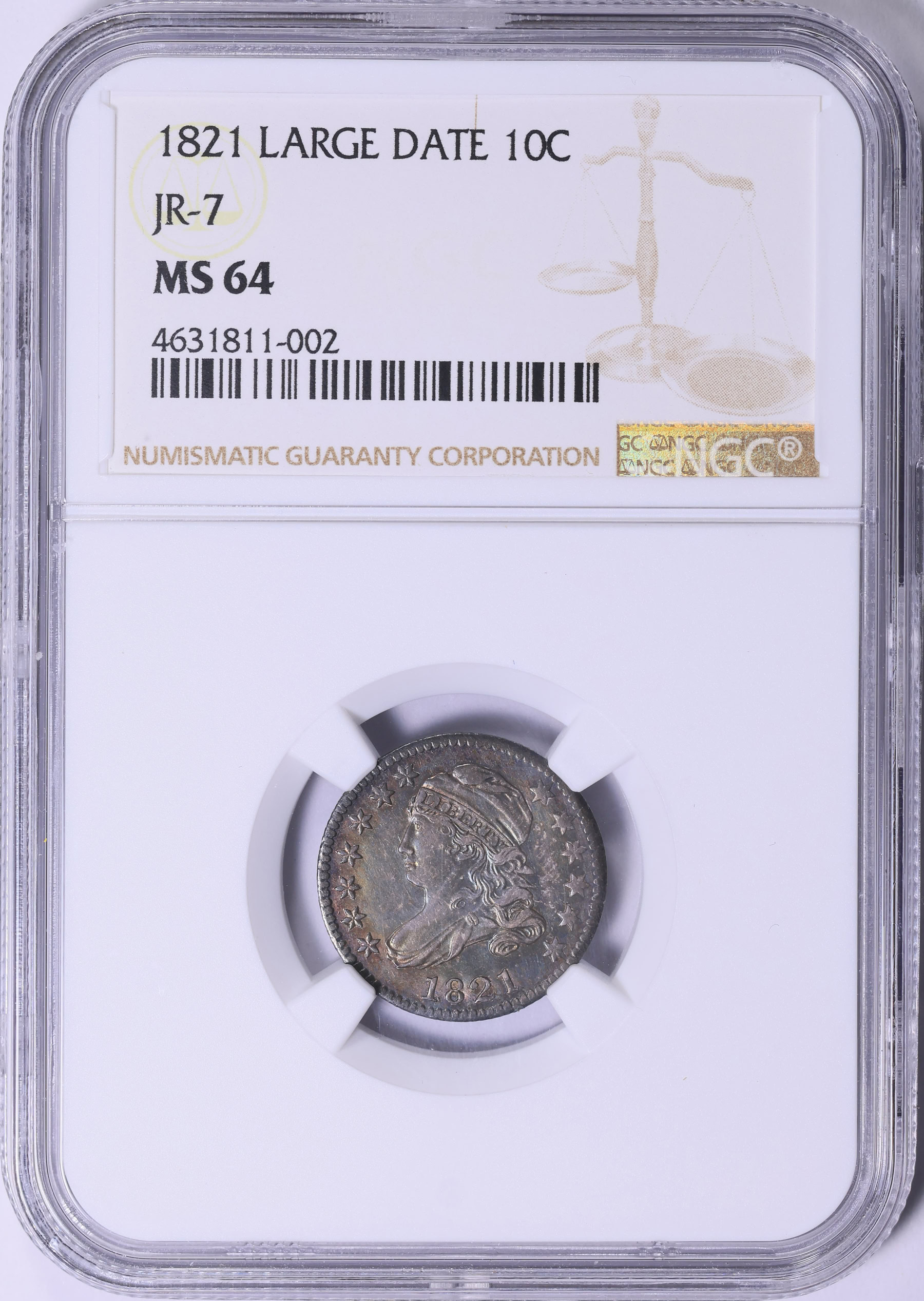 1821 Capped Bust Dime Large Date JR-7 NGC MS-64 (Toned) (Item