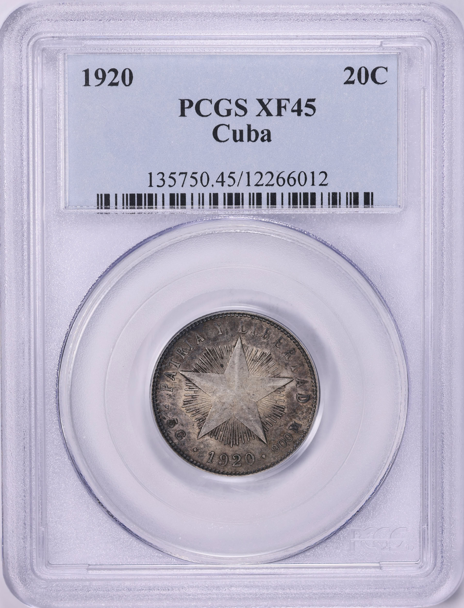 Cuba 1920 Silver 20 Centavos KM-13.2 PCGS XF-45 (Item 2003652