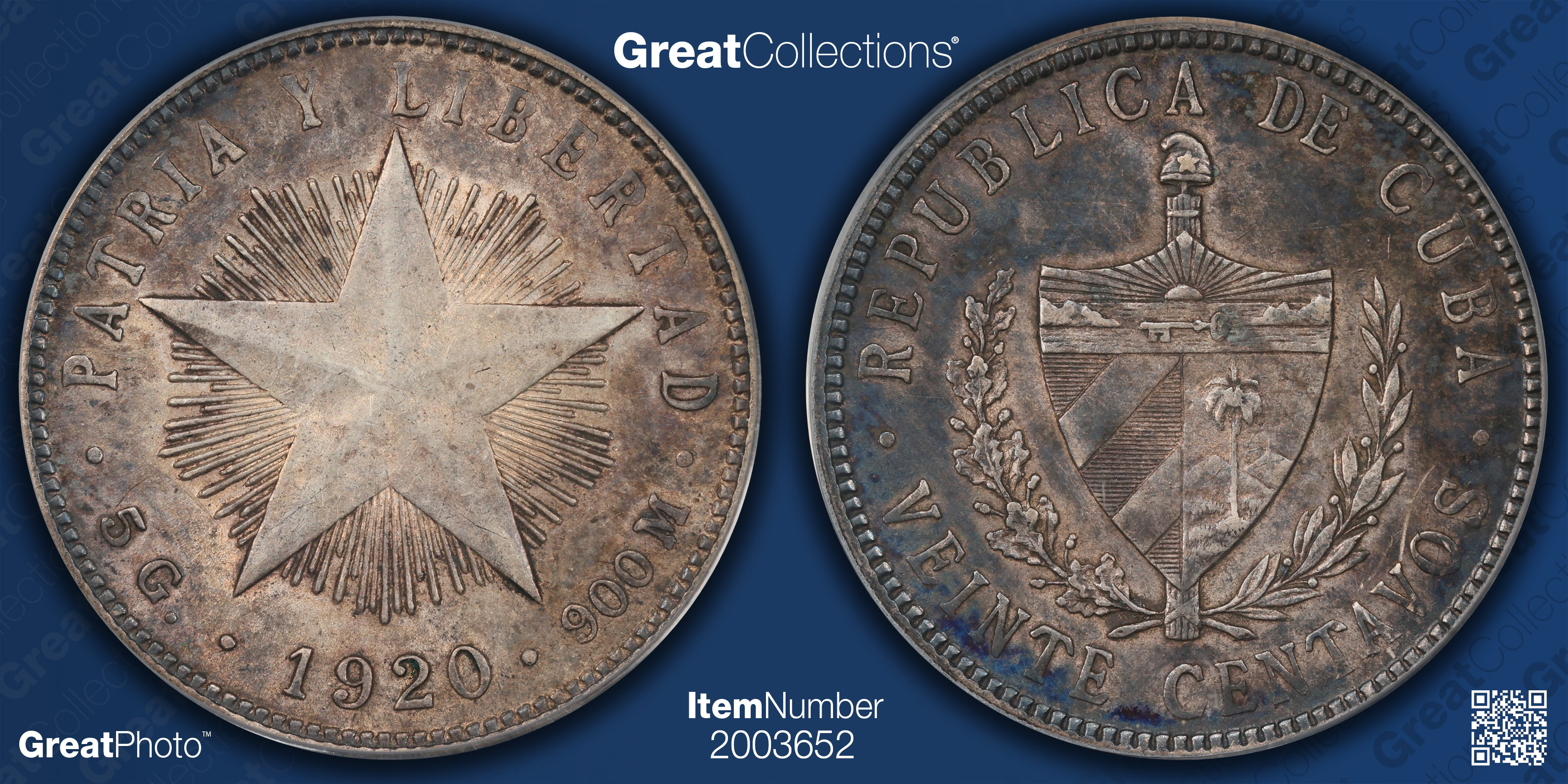 【中古】 Cubana 1920 ViejaGuardia Cuba 1920 Silver 20 Centavos KM-13.2 PCGS XF-45 (Item 2003652