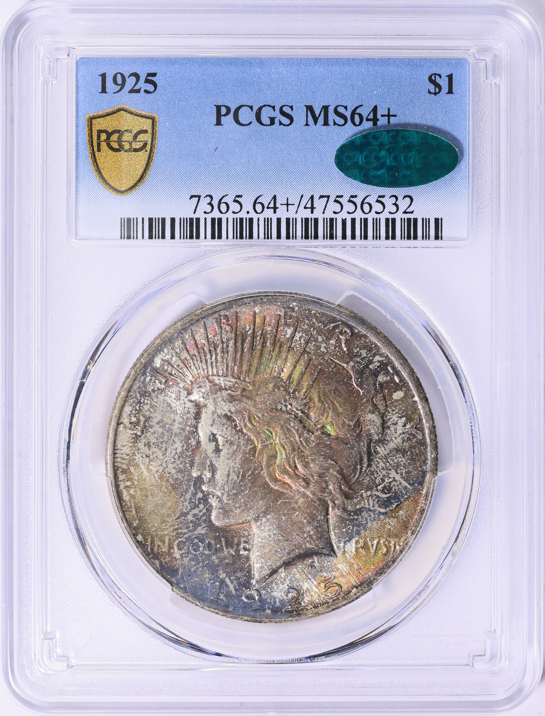 1925 Peace Silver Dollar PCGS MS-64+ (CAC Green) (Toned) (Item