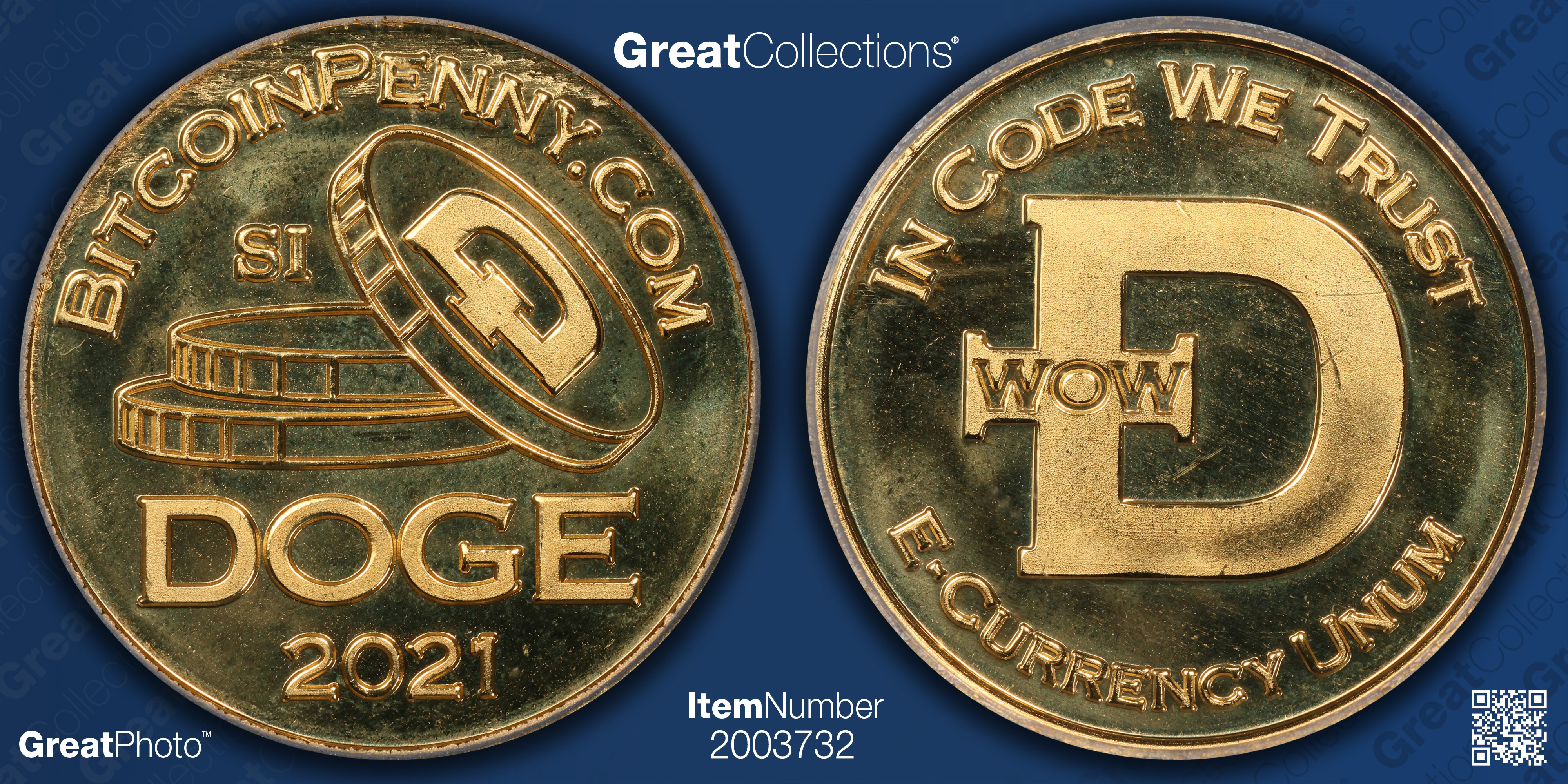 2021-SI Brass Bitcoin Penny Dogecoin Round ICG MS-66 PL | ICG Cert  #2764520107 | GreatCollections Coin Auctions Item #2003732