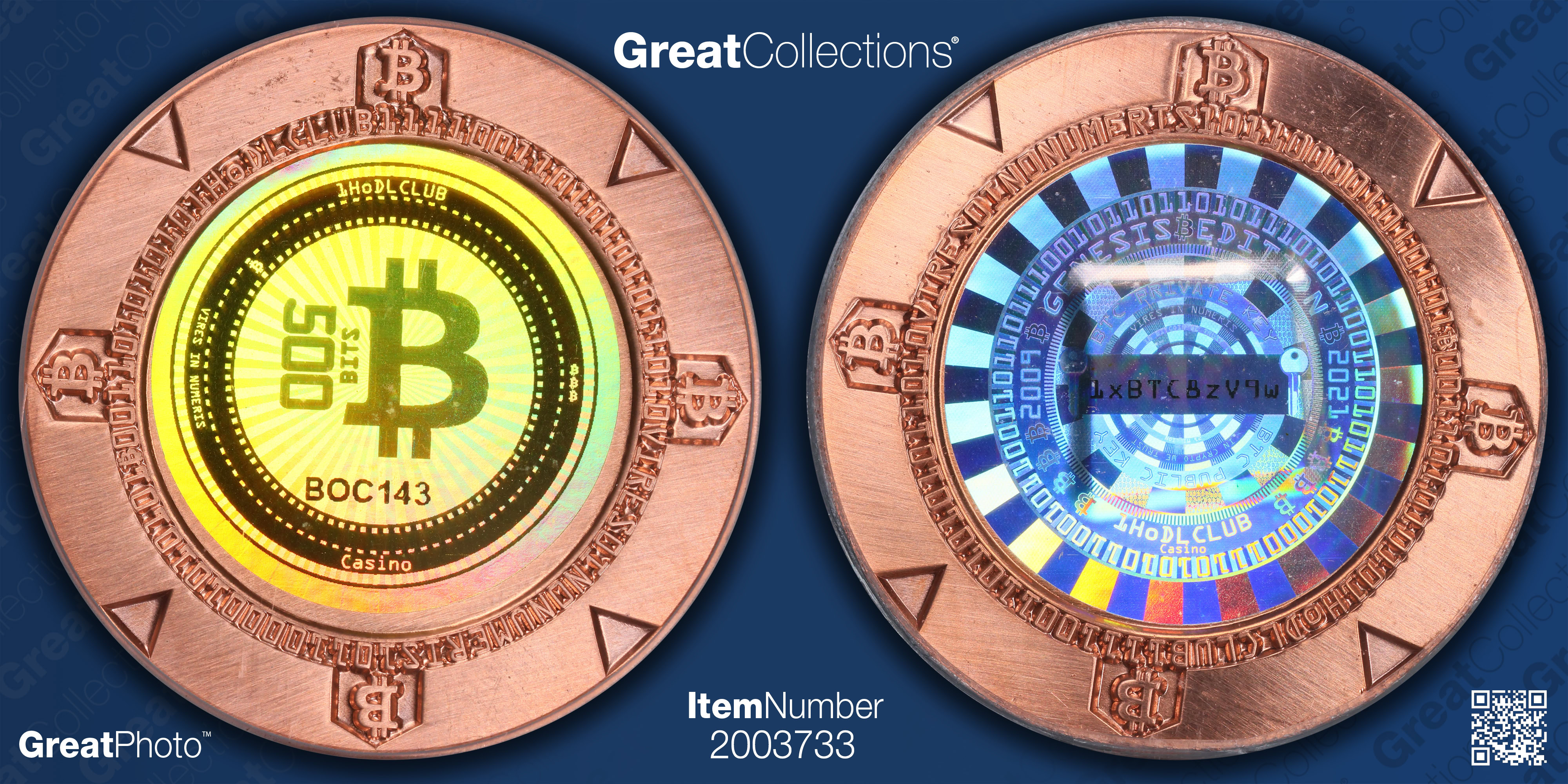 2021 Copper 500 Bits 1HodLCLUB Bitcoin Token ICG MS-66 RD | ICG Cert  #3540981001 | GreatCollections Coin Auctions Item #2003733