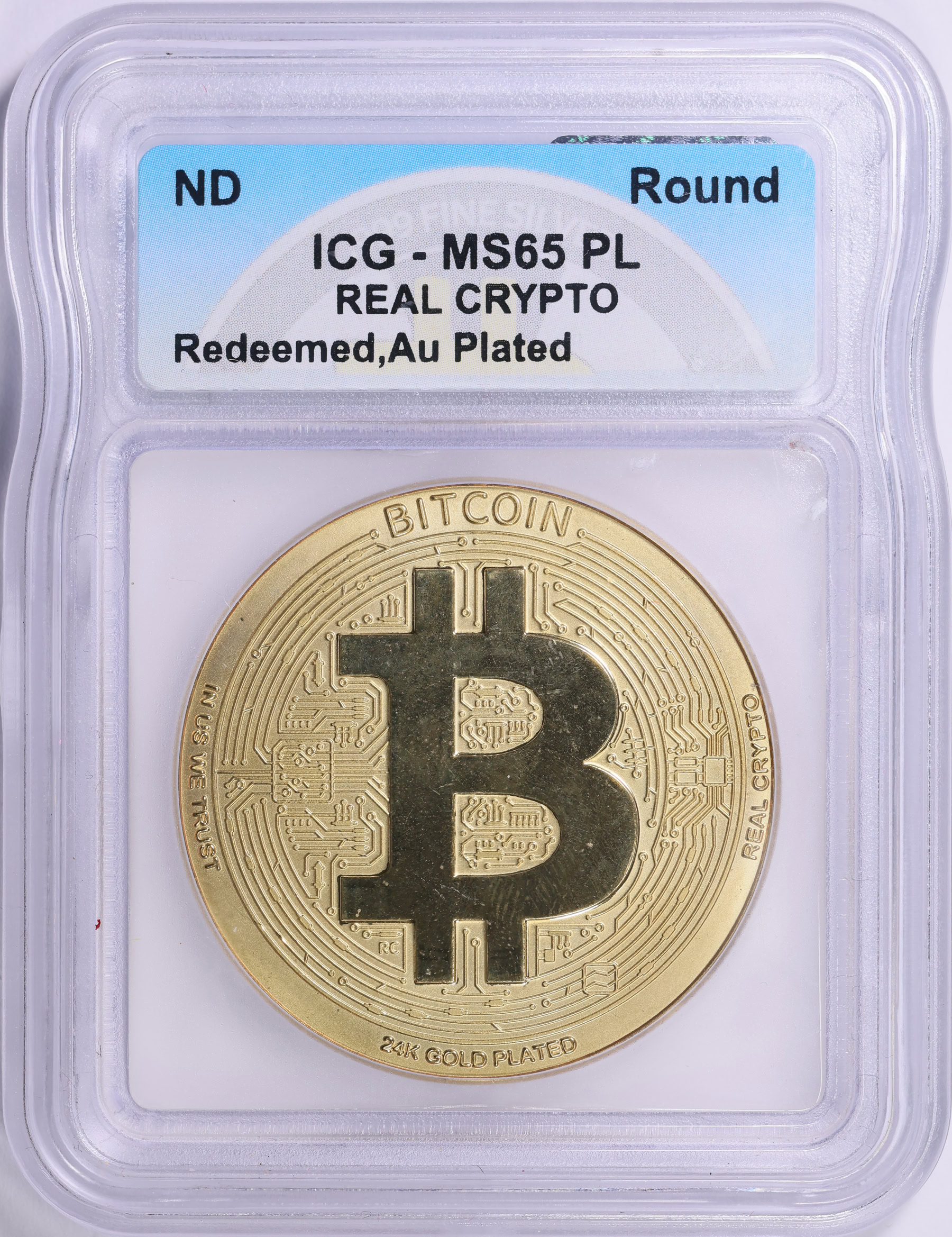 ND Gilt Real Crypto Redeemed Round ICG MS-65 PL | ICG Cert #8377930301 |  GreatCollections Coin Auctions Item #2003736