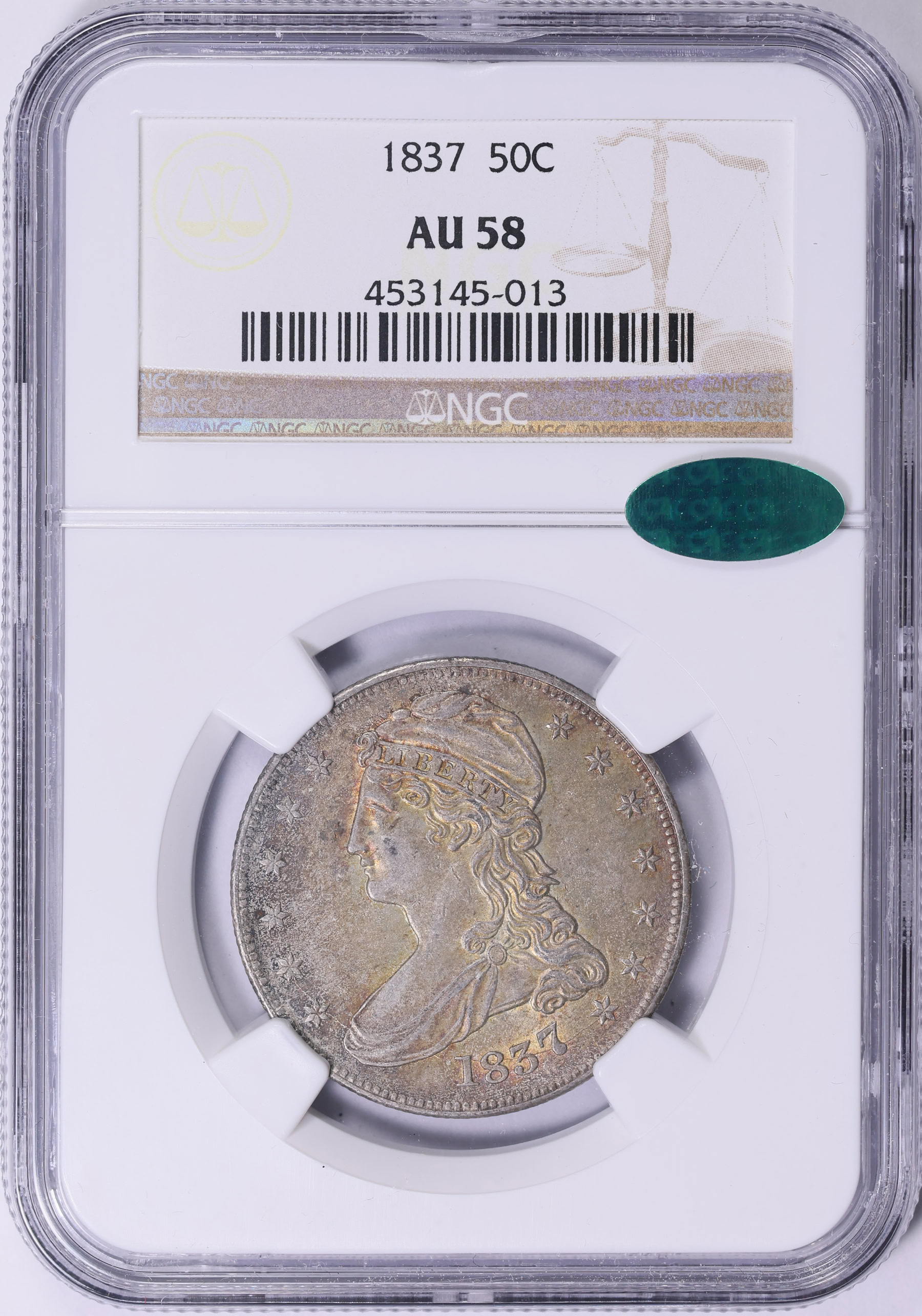1837 Capped Bust Half Dollar Reeded Edge NGC AU-58 (CAC Green