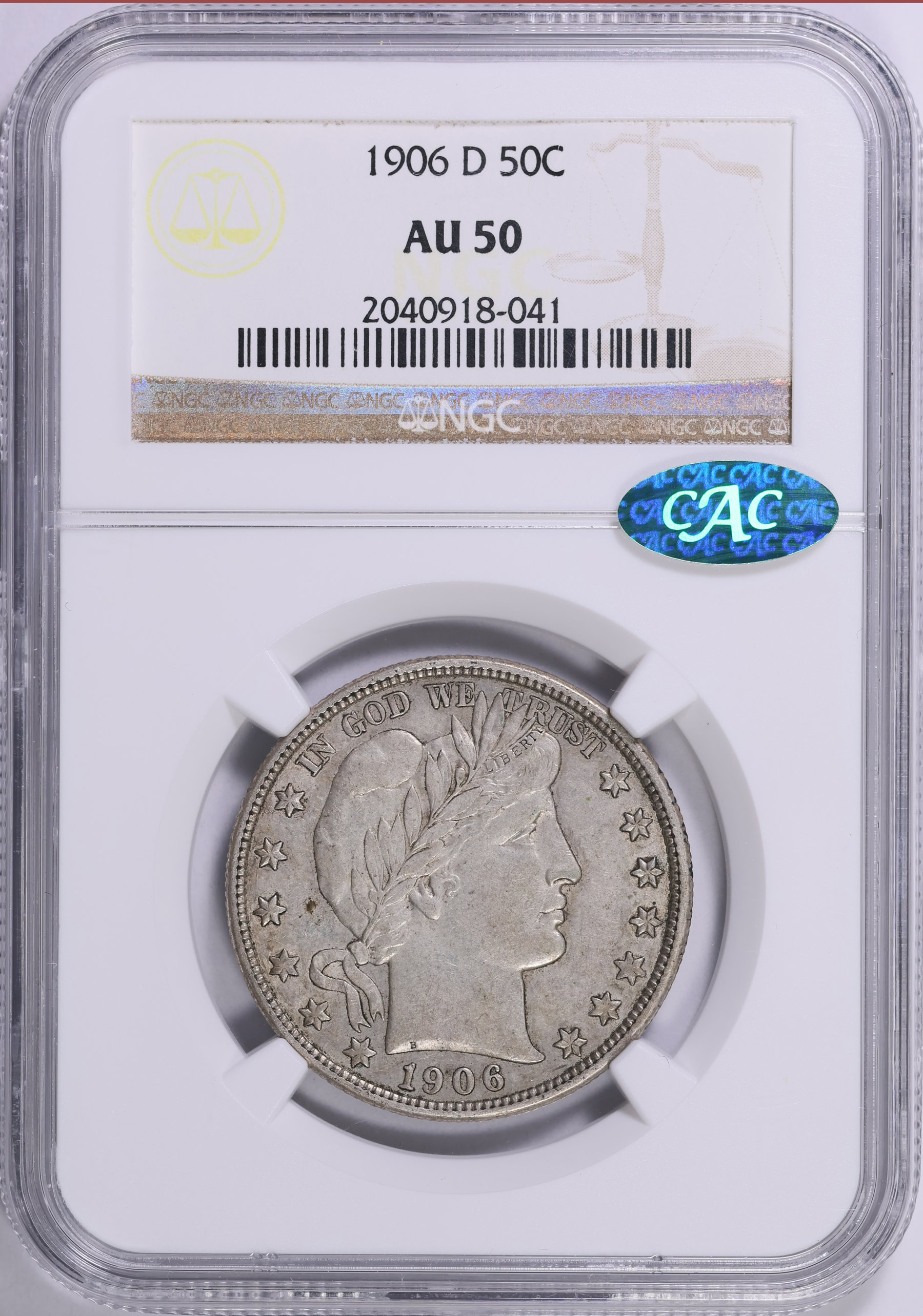 1906-D Barber Half Dollar NGC AU-50 (CAC Green) (Item 2003740