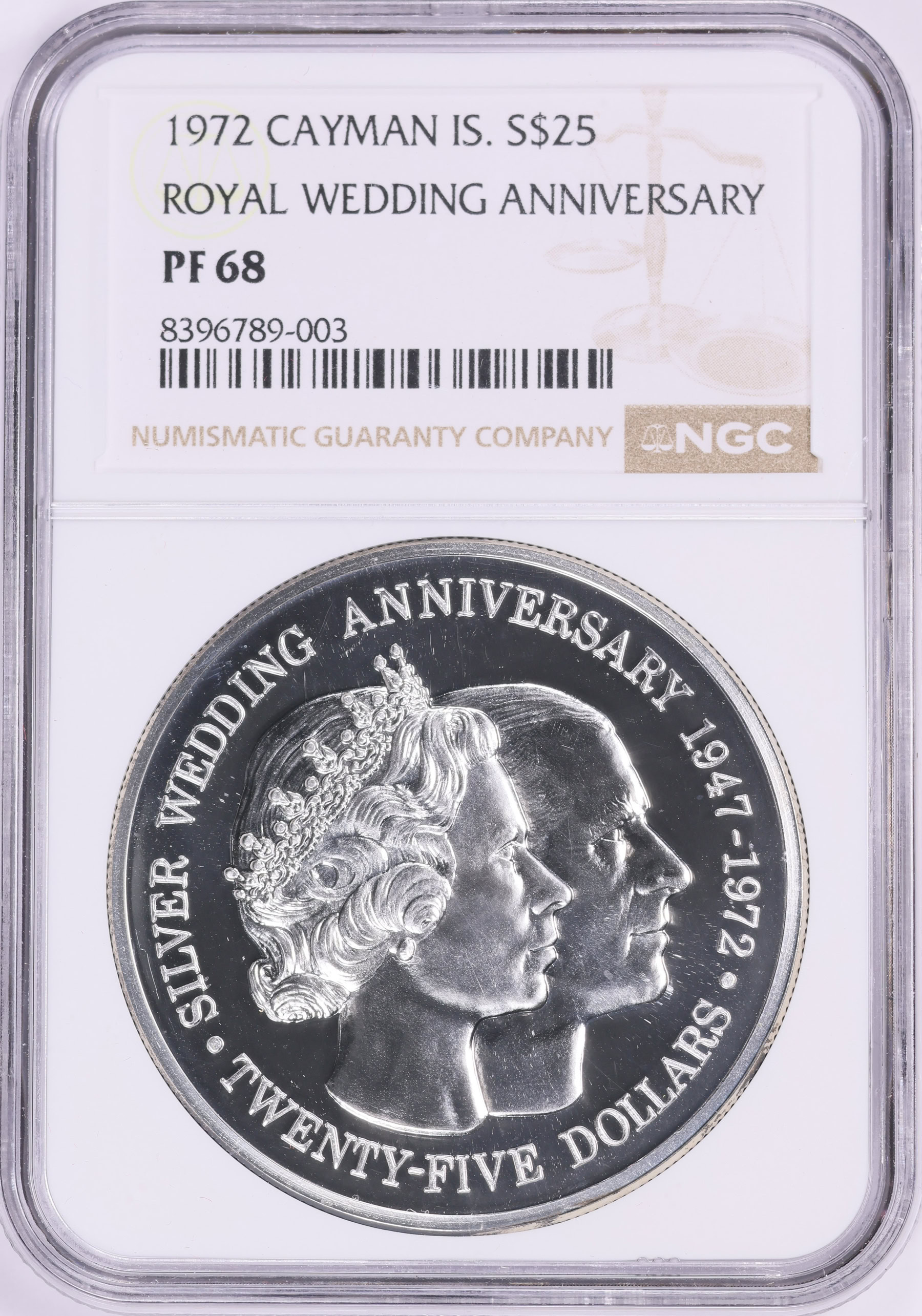 Cayman Islands 1972 Silver $25 Royal Silver Wedding Anniversary KM