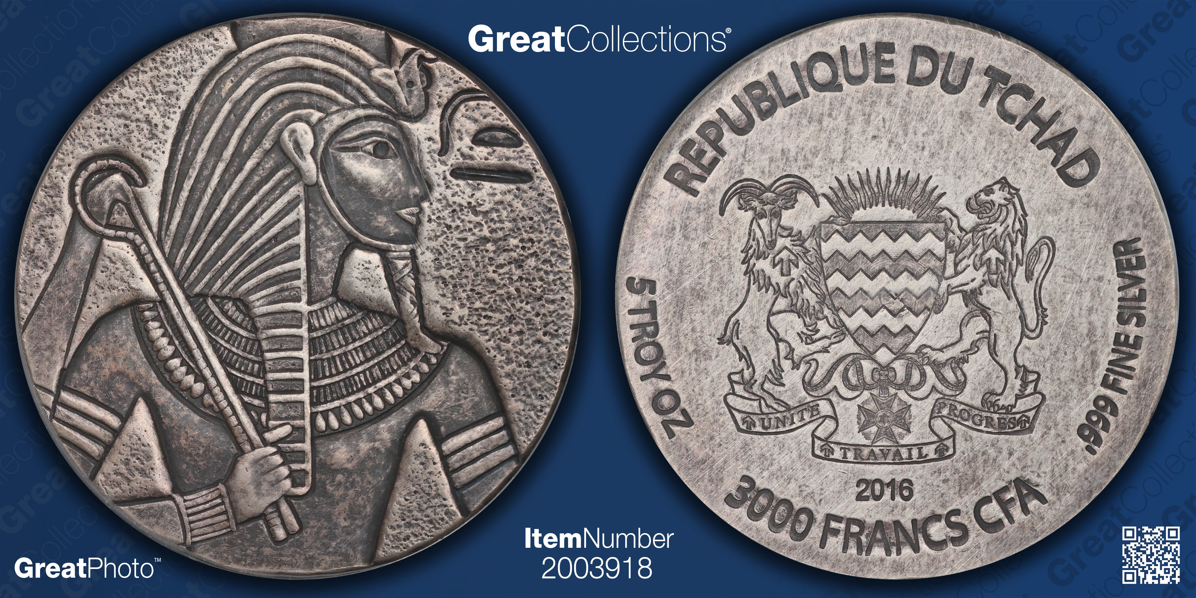 Chad 2016 Silver 3,000 Francs Egyptian Relic King Tutankhamun PCGS MS ...