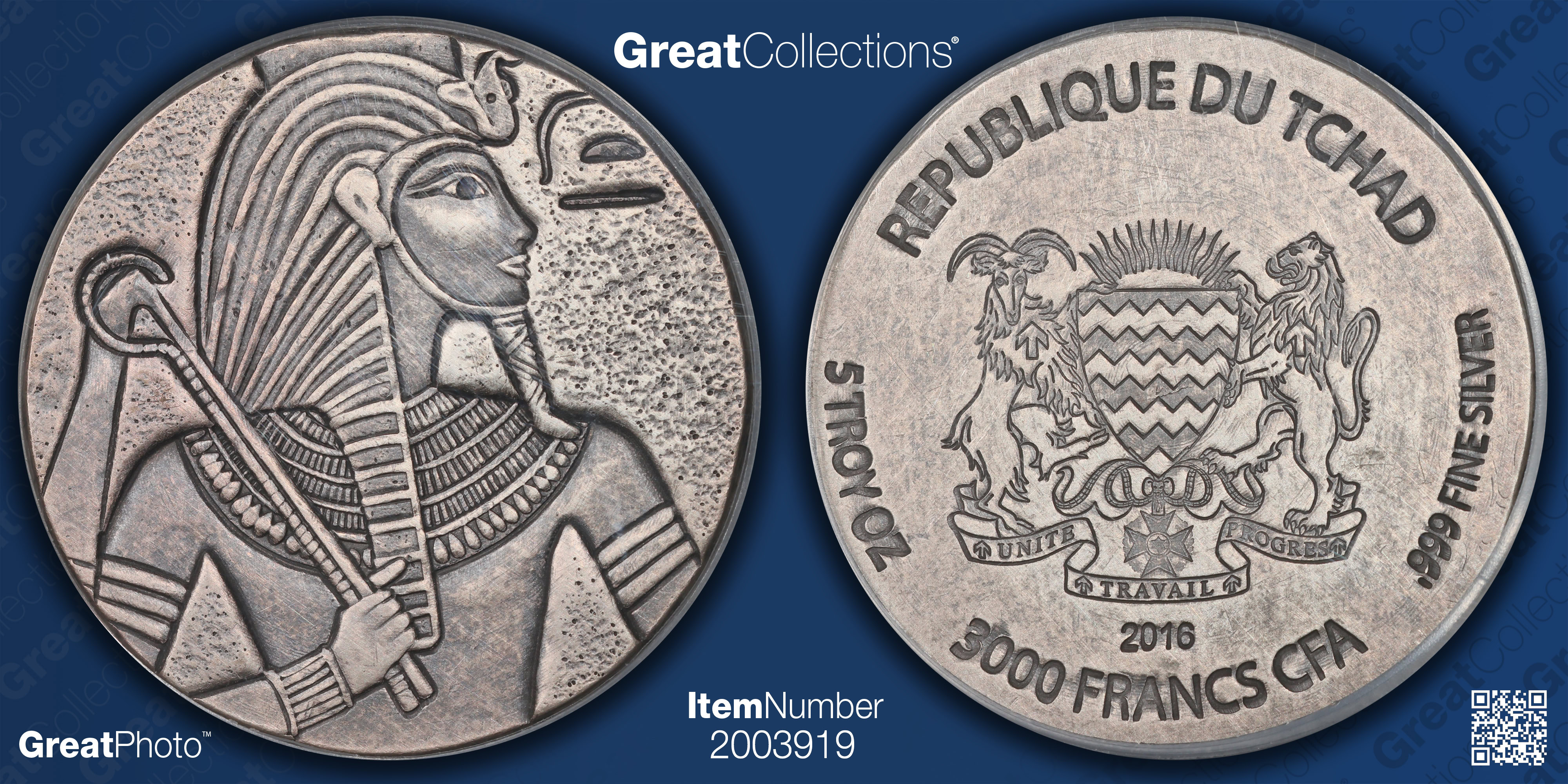 Chad 2016 Silver 3,000 Francs Egyptian Relic King Tutankhamun PCGS