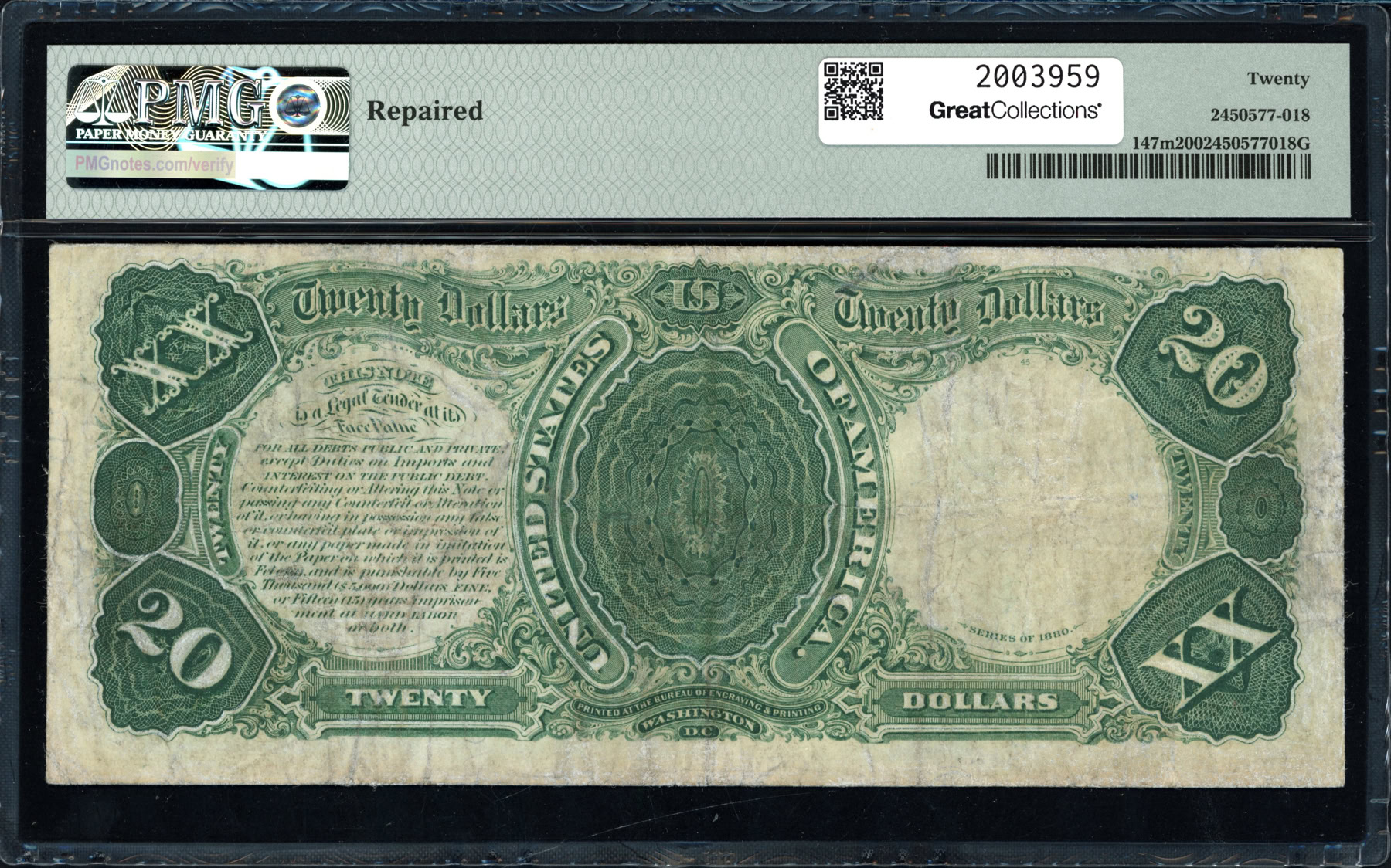 Mule Note Example Fr. 147m 1880 $20 Legal Tender Mule Note Elliott / White PMG Very Fine ...