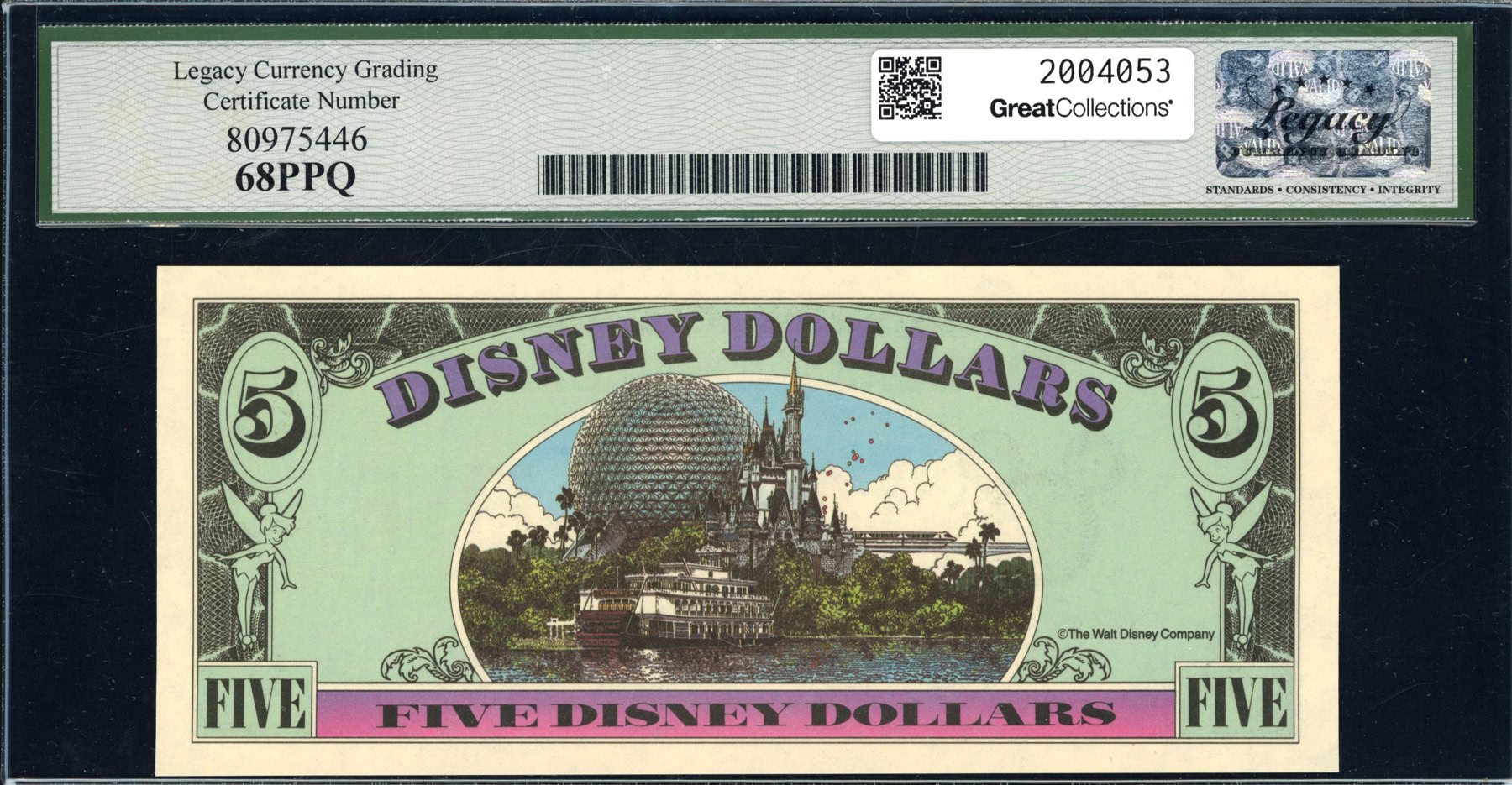 1995 $5 Disney Dollar Proof Note Goofy / View of Walt Disney World
