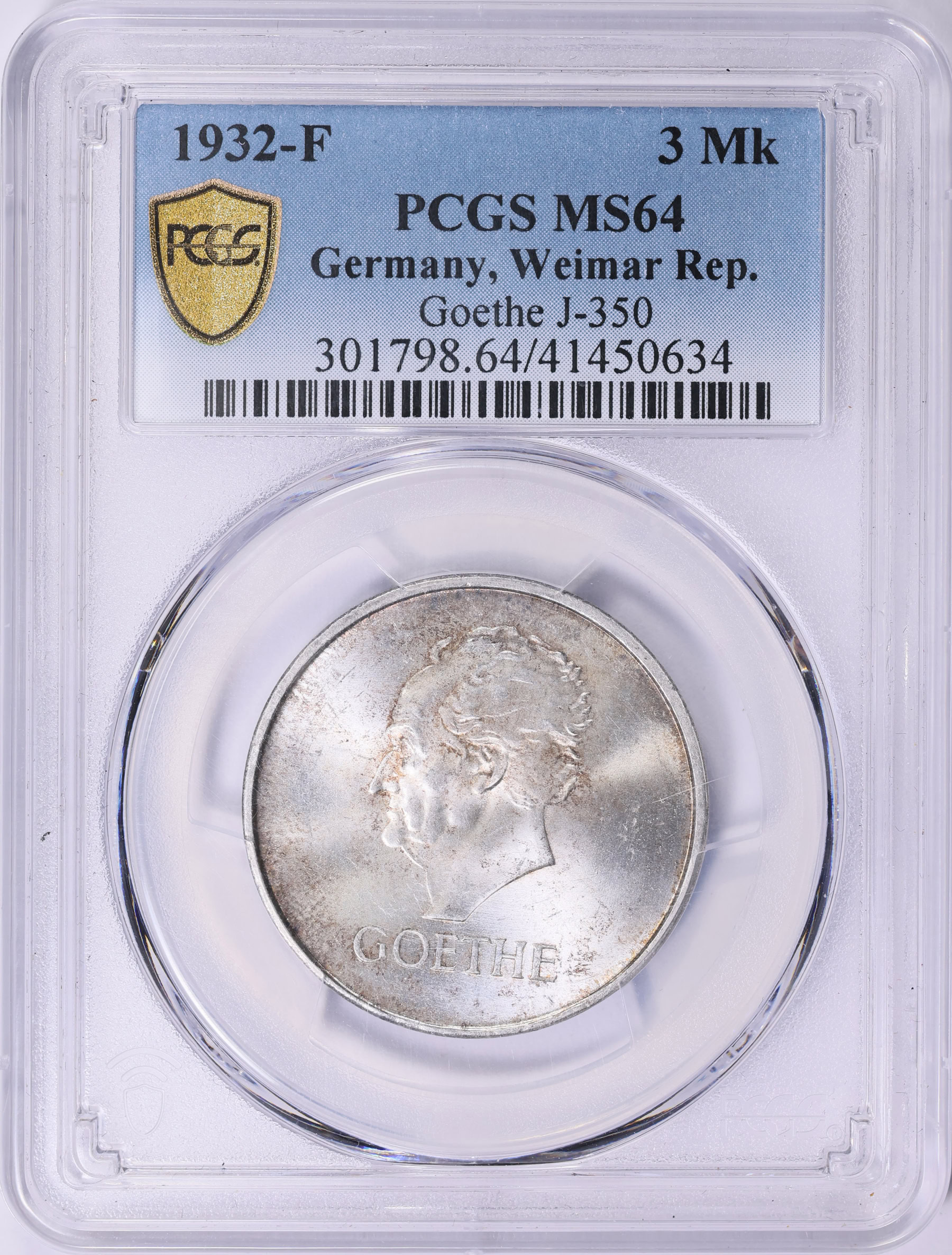 Germany 1932-F Silver 3 Marks Death of Goethe Centenary KM-76 PCGS