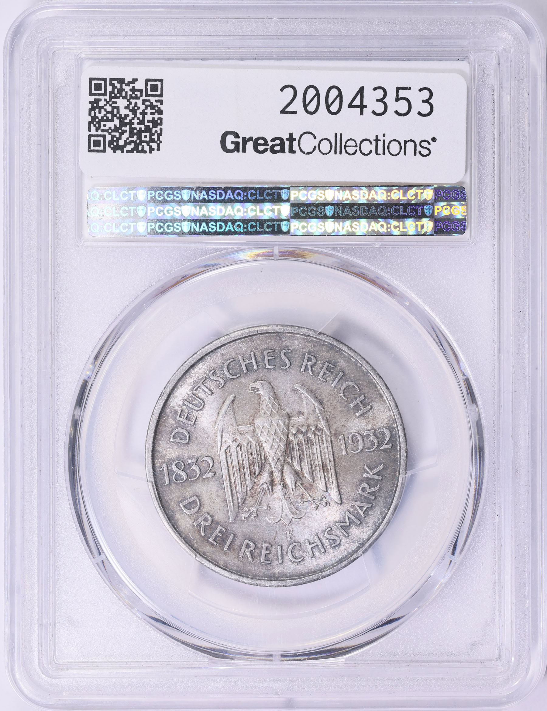 Germany 1932-F Silver 3 Marks Death of Goethe Centenary KM-76 PCGS