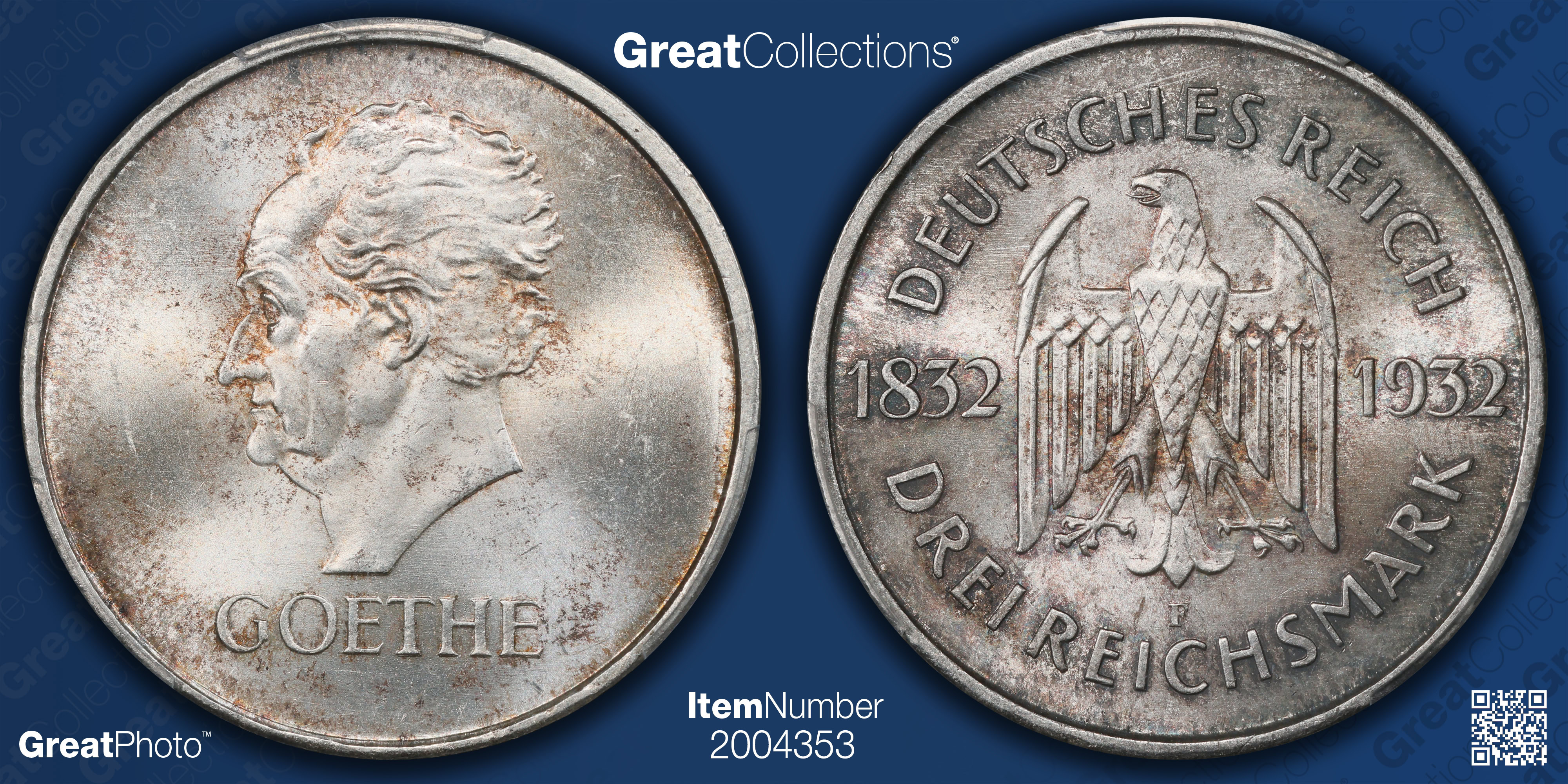 Germany 1932-F Silver 3 Marks Death of Goethe Centenary KM-76 PCGS
