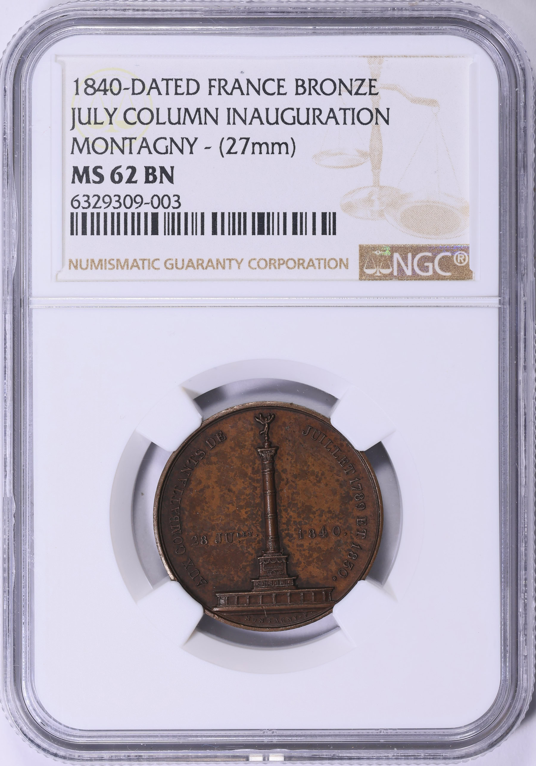 France 1840-Dated Bronze 27mm July Column Inauguration Medal NGC