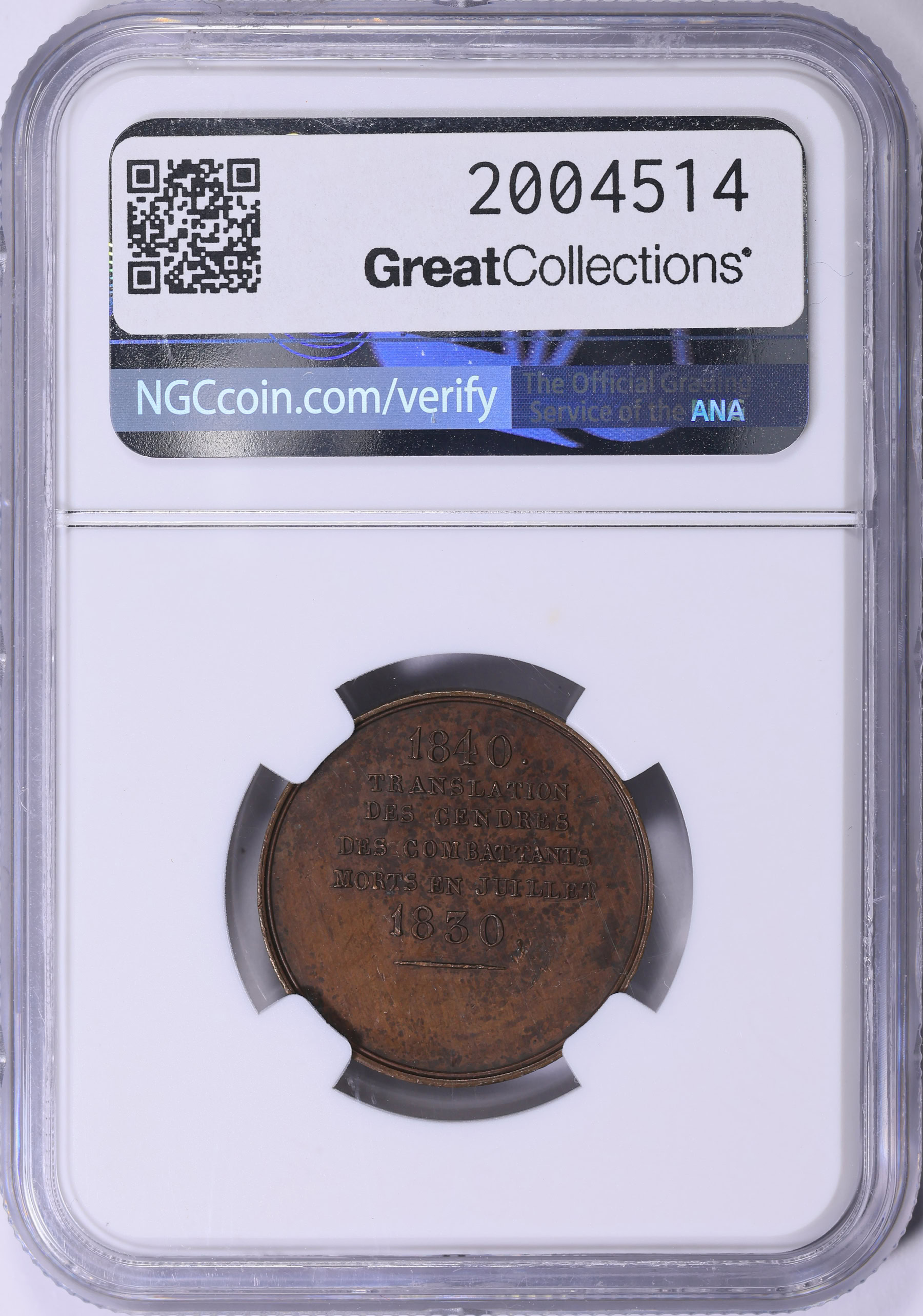 France 1840-Dated Bronze 27mm July Column Inauguration Medal NGC