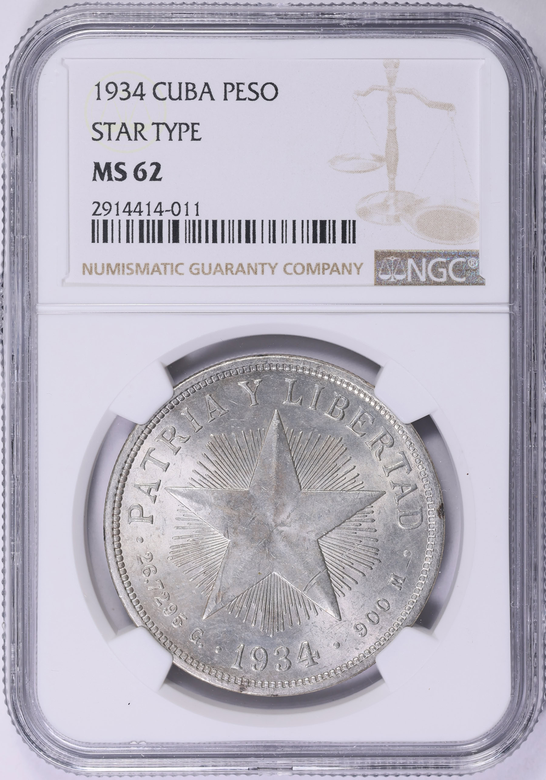 Cuba 1934 Silver Peso KM-15.2 NGC MS-62 (Item 2004610